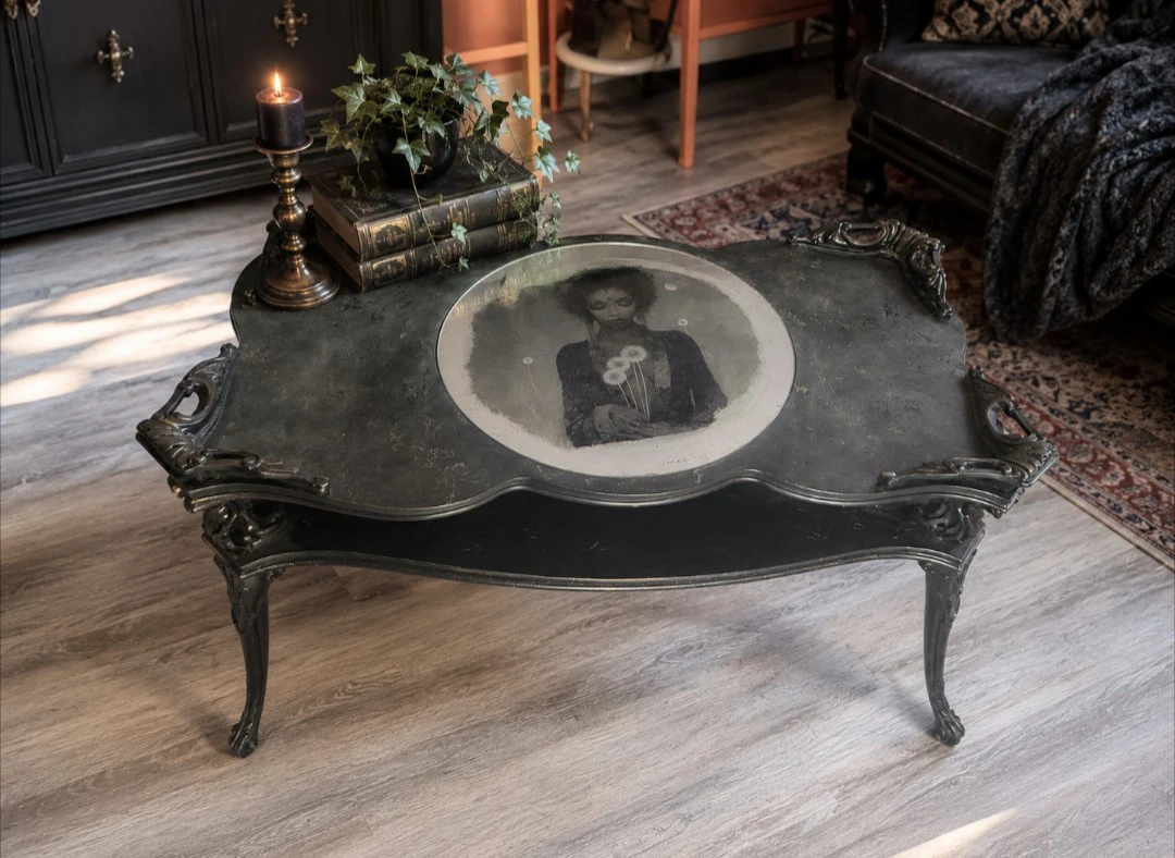 Gothic Black Coffee Table with Art Glass Top - photo 3