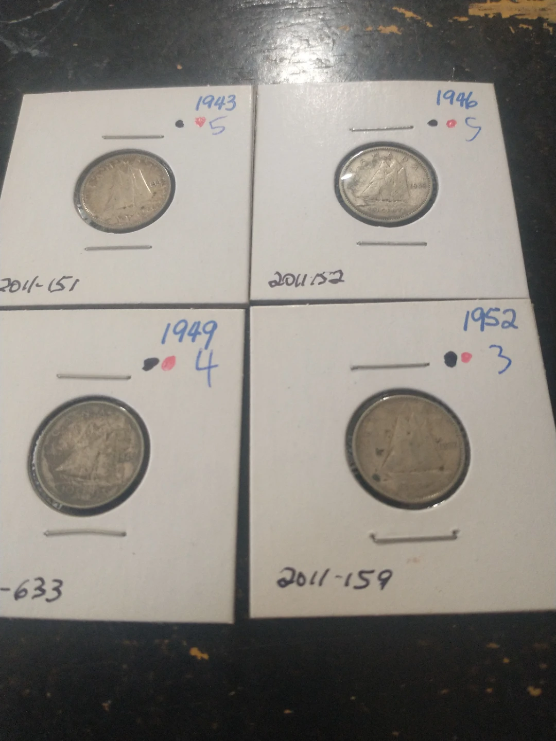 Canada silver dimes, lot 1:  1943, 1946, 1949, 1952