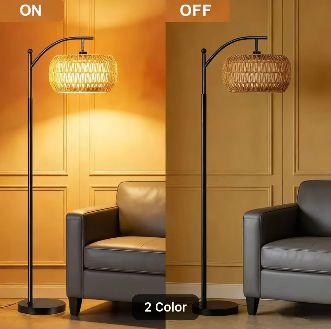 Arc Floor Lamp - Black Metal Body with Rattan Shade