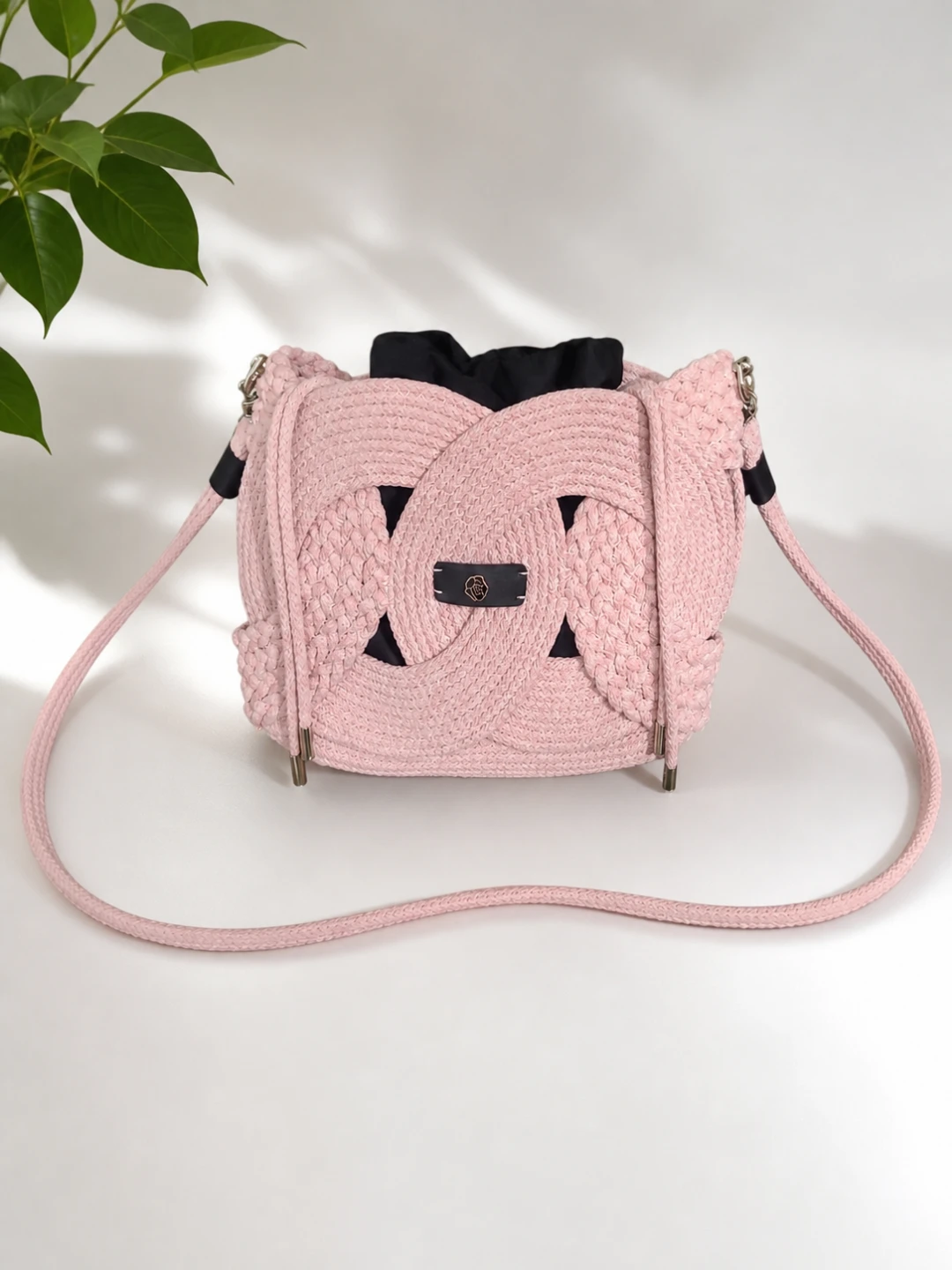 Pink Woven Rope Bucket Bag with Black Accents