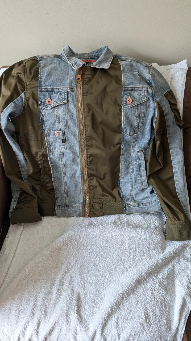 Unique Patchwork Denim and Olive Green Jacket & Jeans Set