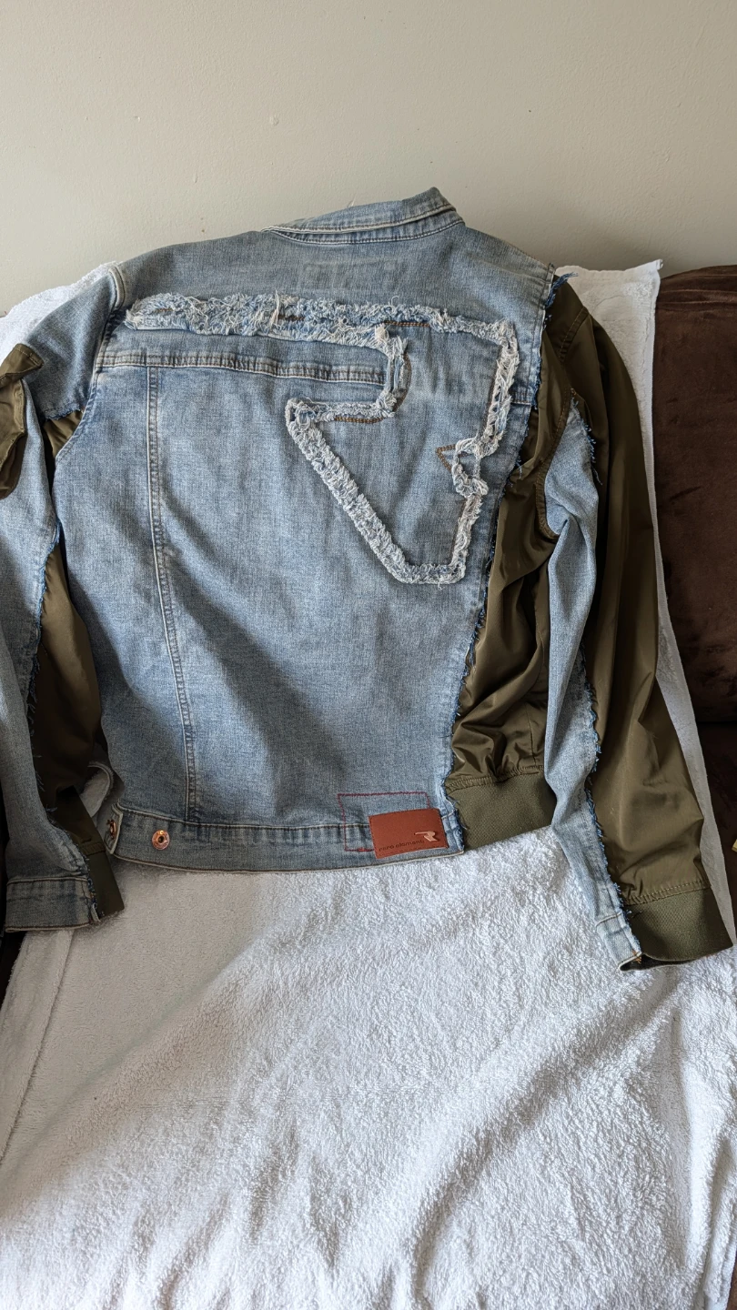 Unique Patchwork Denim and Olive Green Jacket & Jeans Set - photo 2