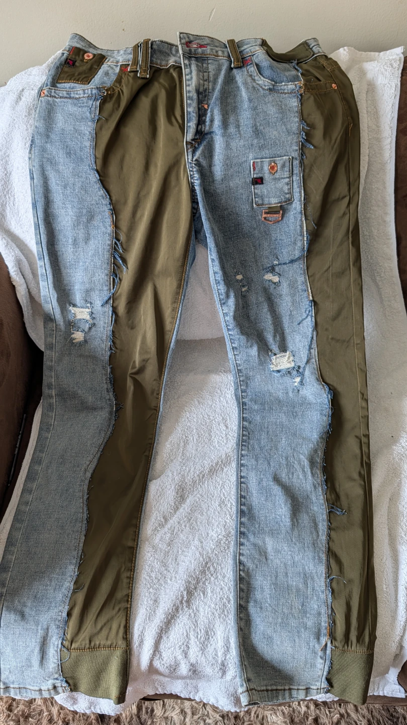Unique Patchwork Denim and Olive Green Jacket & Jeans Set - photo 3