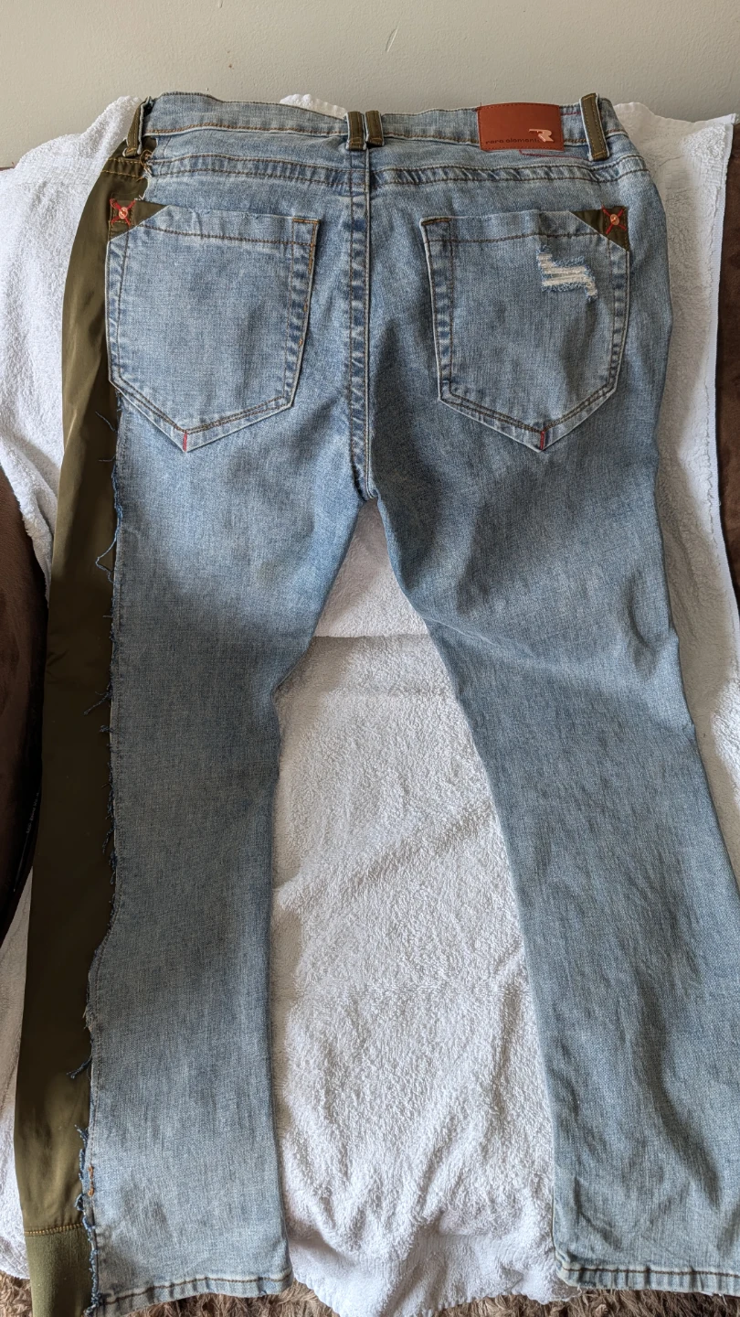 Unique Patchwork Denim and Olive Green Jacket & Jeans Set - photo 4