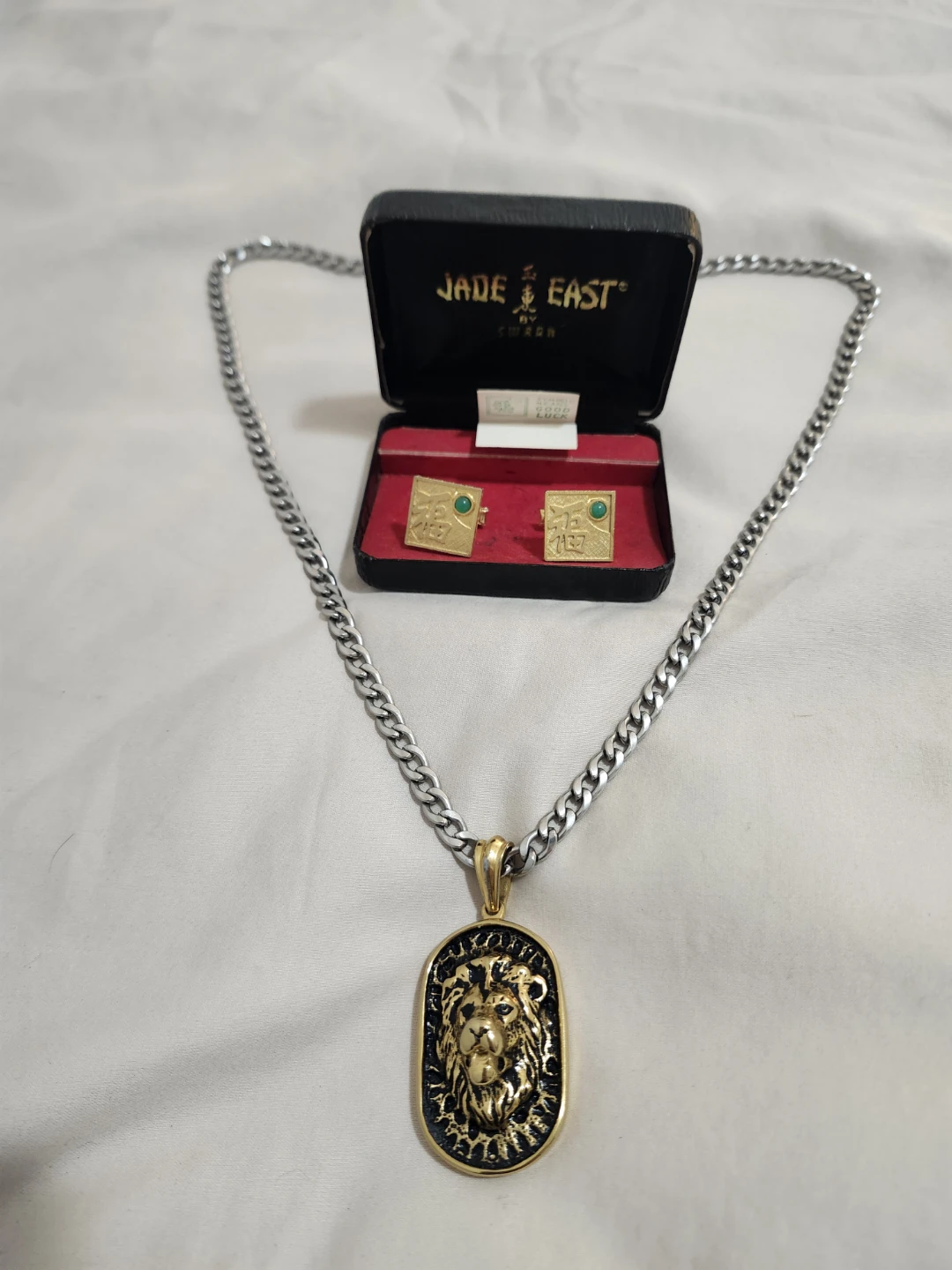 Lion Pendant Necklace & Antique Jade East Cufflinks Set