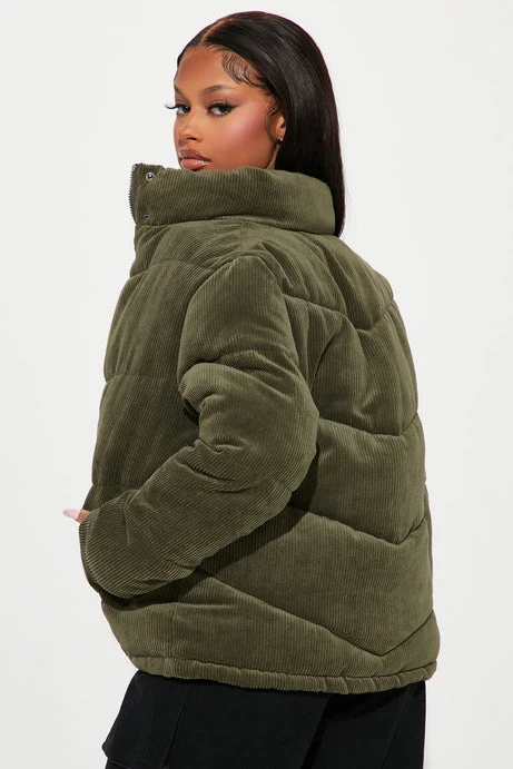 Fashion Nova Olive Green Corduroy Puffer Jacket XL