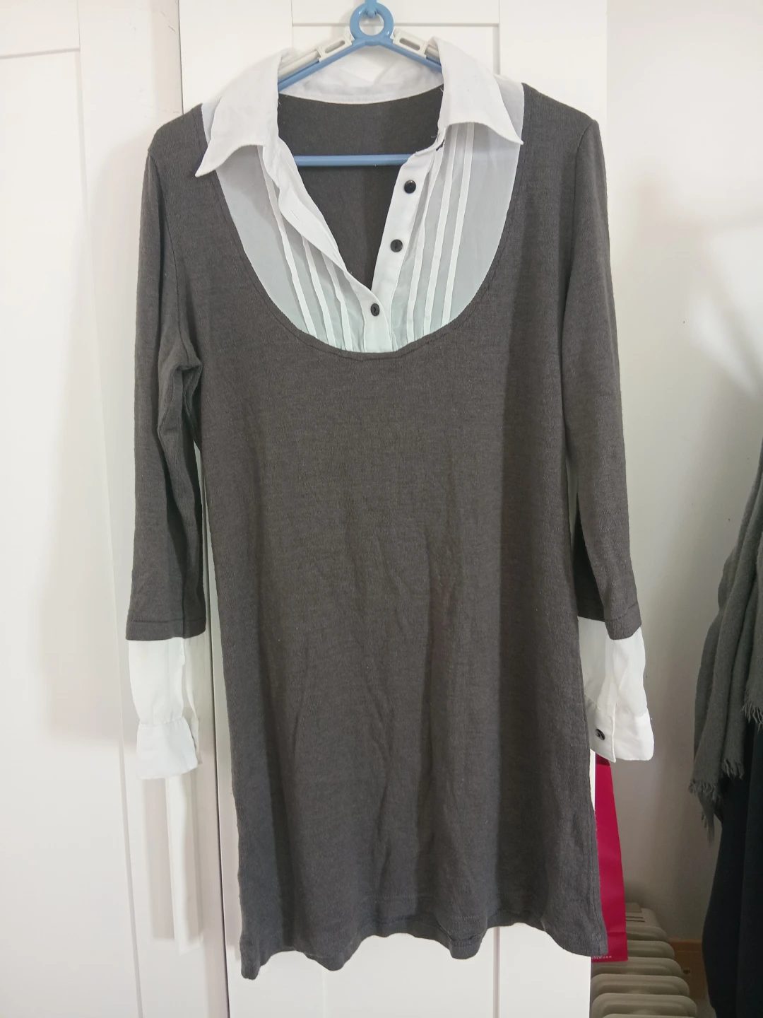 Grey Long Sleeve Dress with White Collar and Cuffs