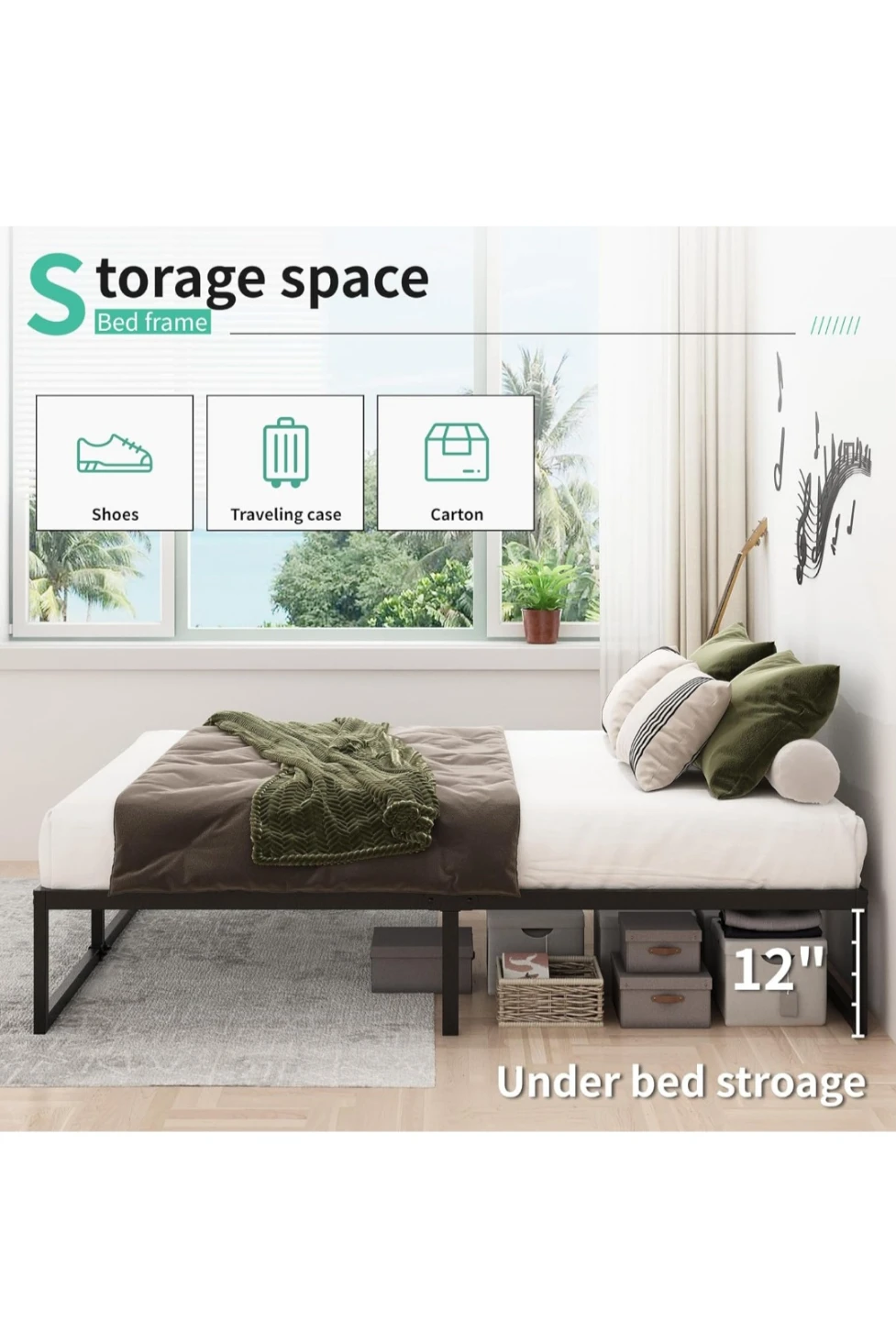 Queen Bed Frame Metal Platform Black - photo 2