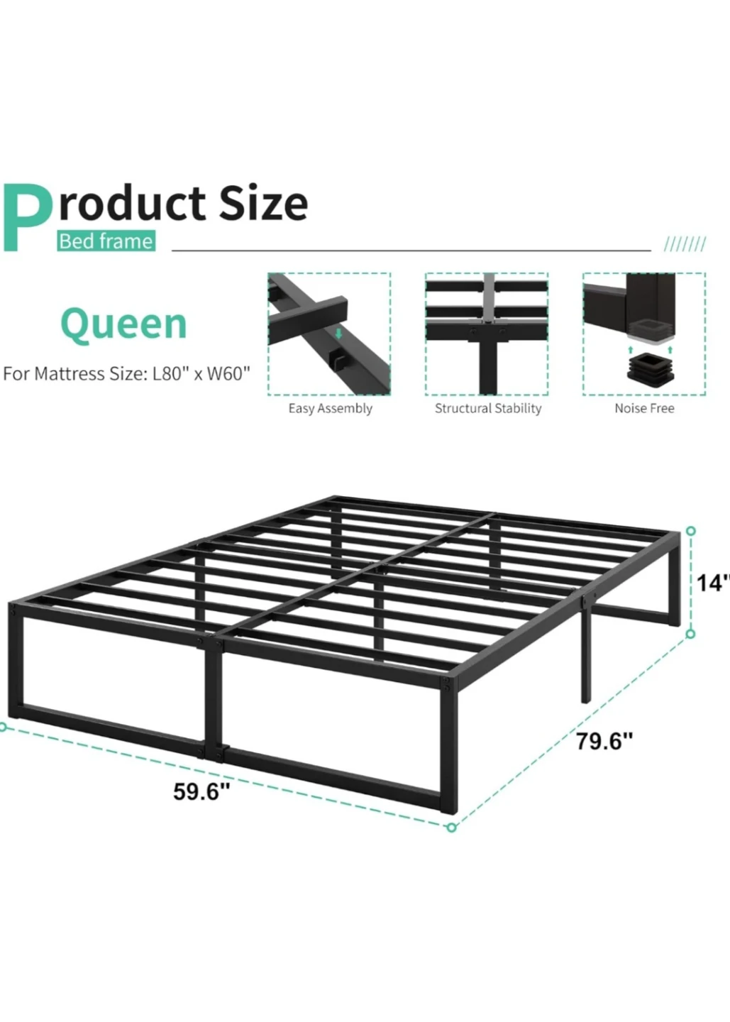 Queen Bed Frame Metal Platform Black - photo 3