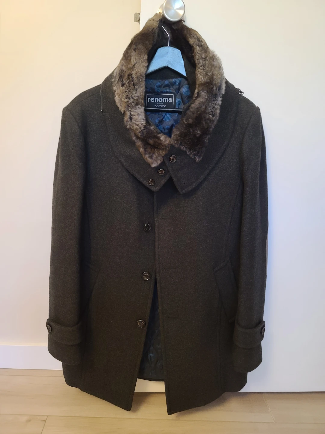 Renoma Paris Homme Grey Wool Blend Coat with Fur Collar - photo 2
