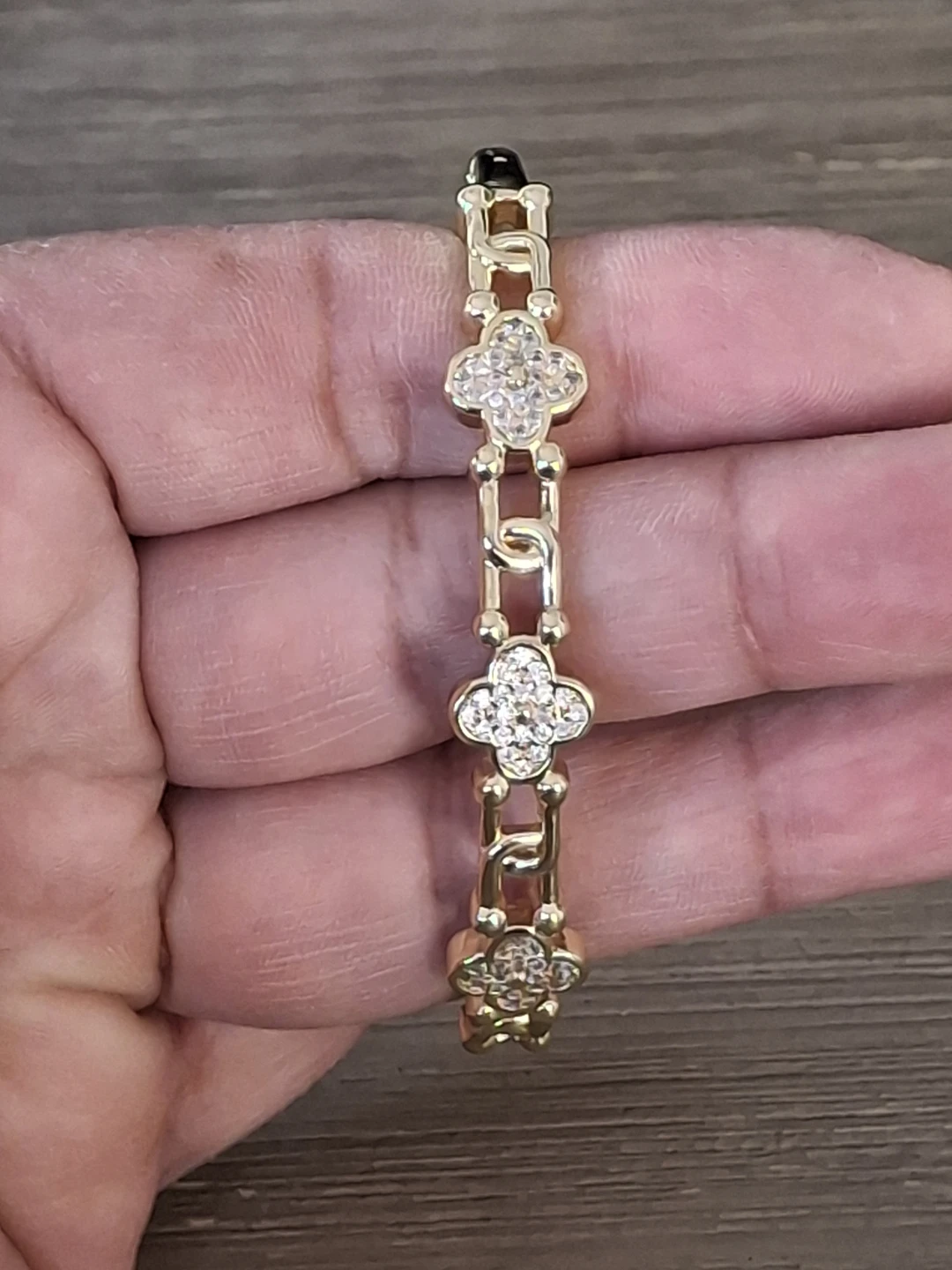 Gold Tone Clover Bangle Bracelet with Crystals - photo 3