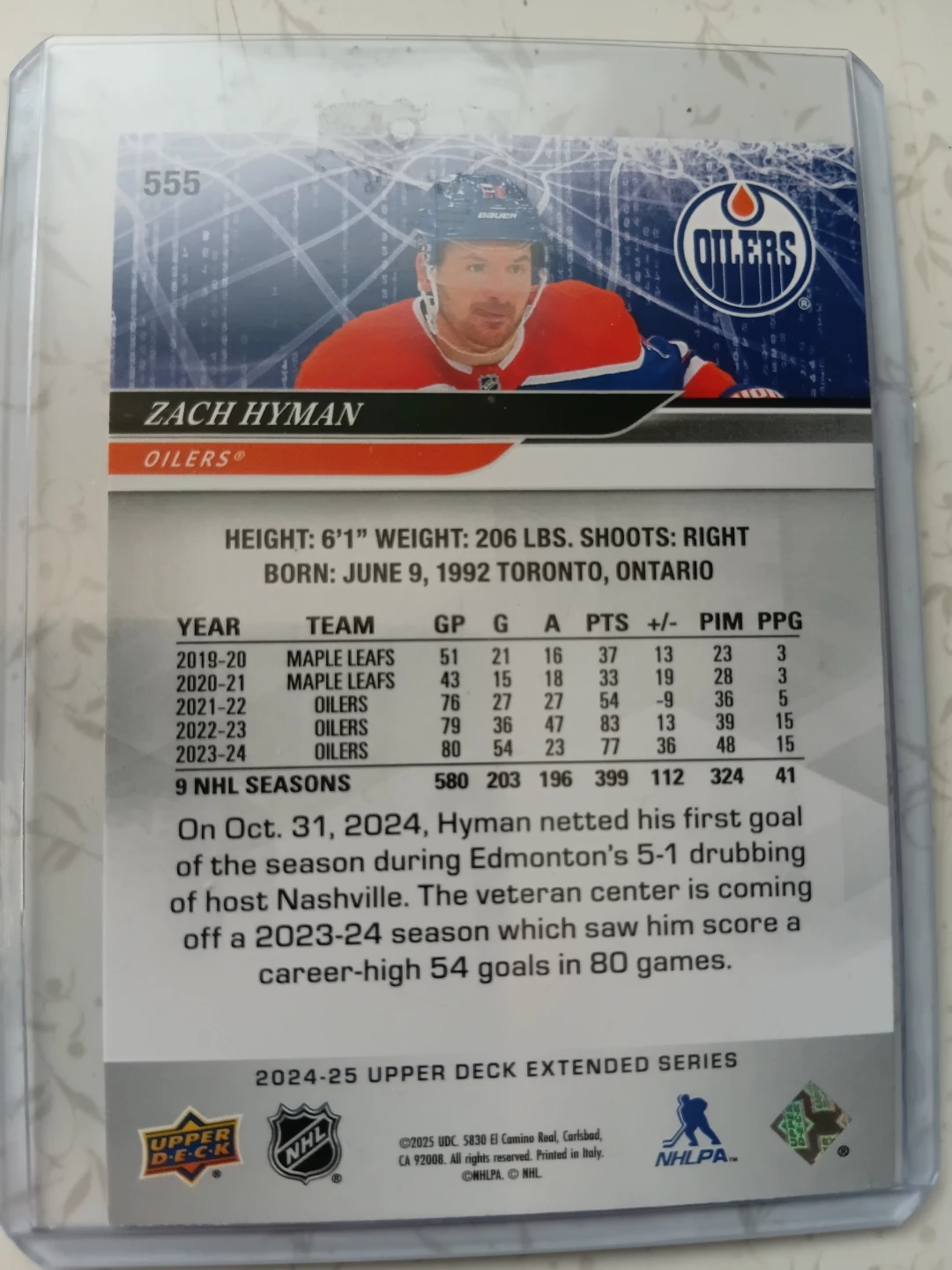 2024-25 Upper Deck Extended Series Zach Hyman Hockey Card - photo 2