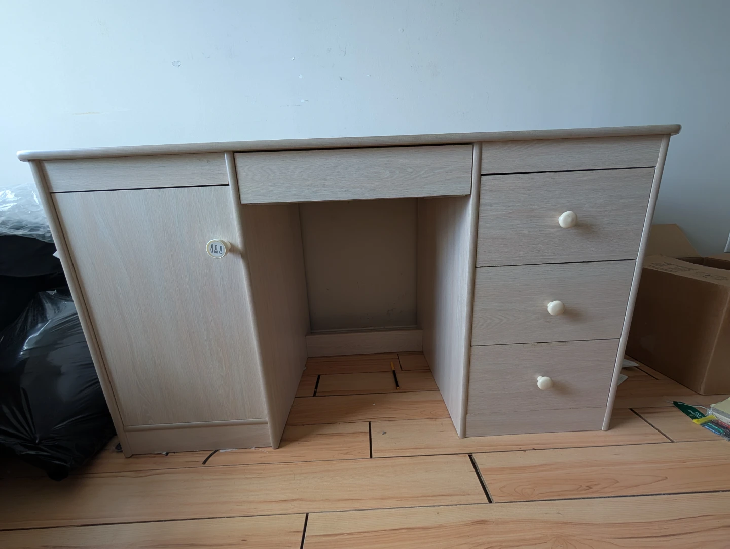 Light Wood Desk with Drawers and Cabinet