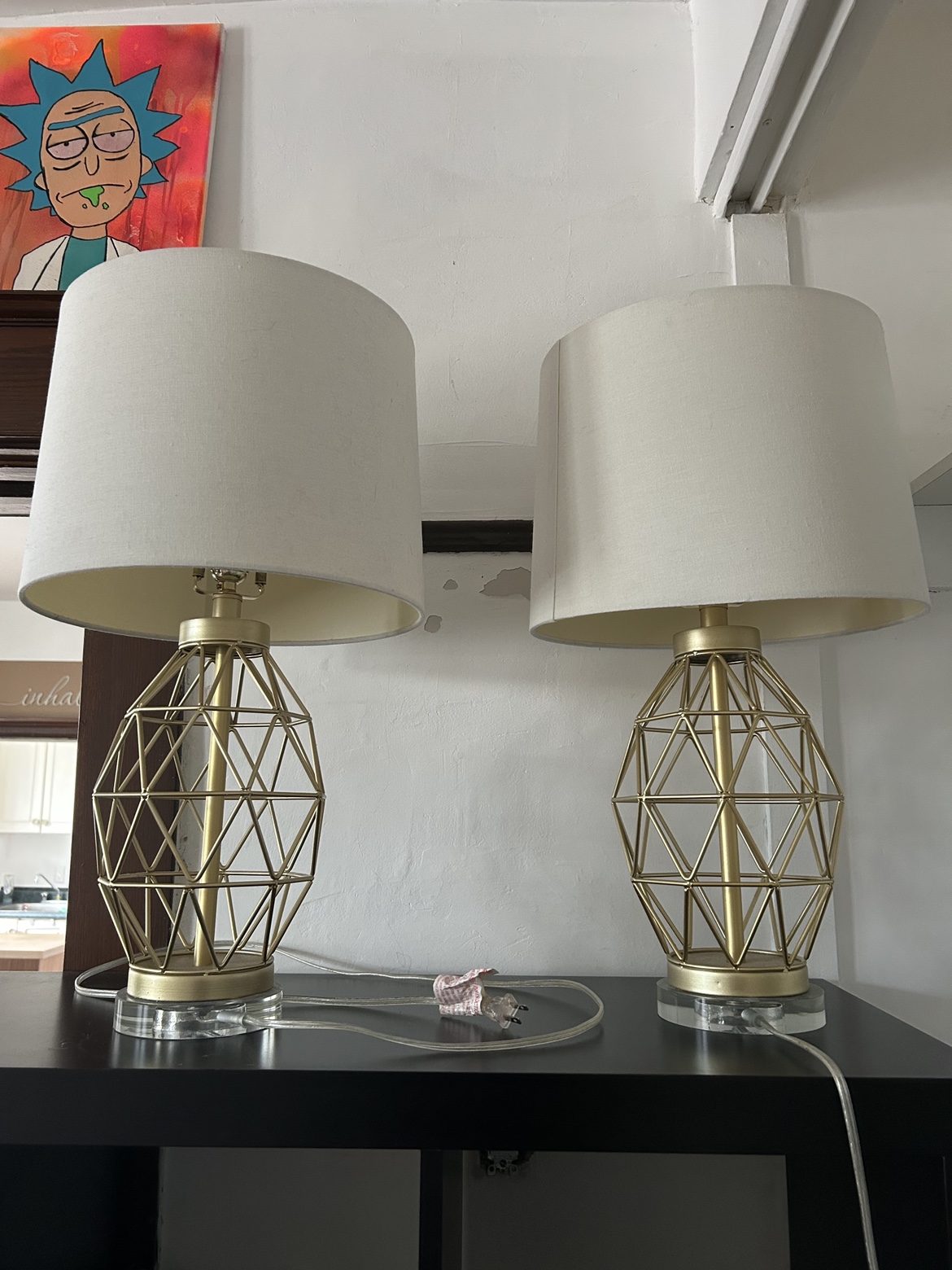 Pair of Gold Geometric Table Lamps with White Shades - photo 2
