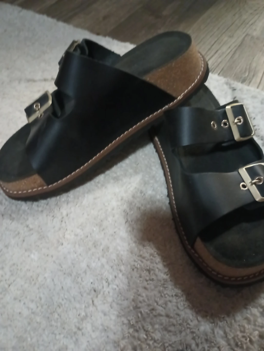 Black double strap sandals with gold buckles - photo 2