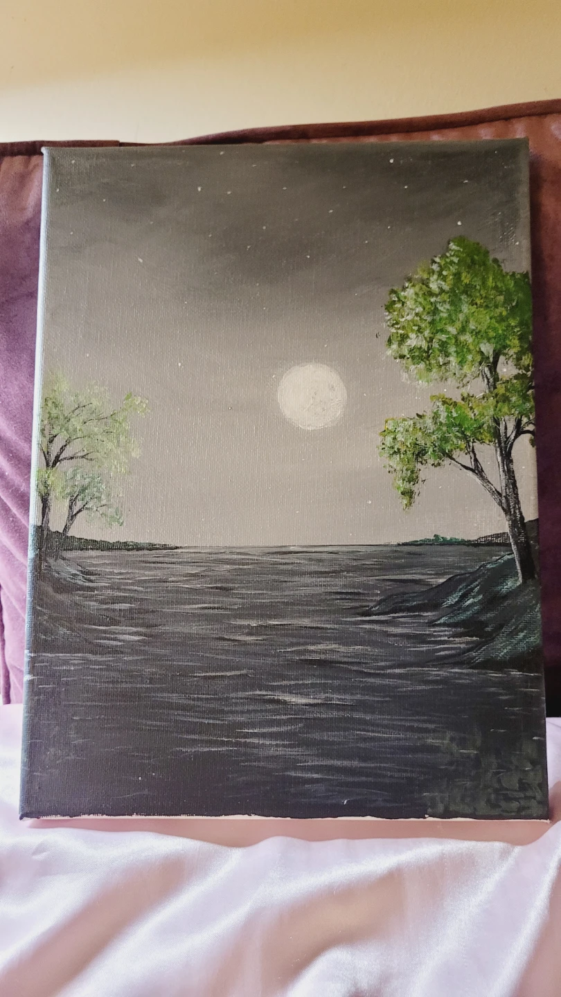 Original Acrylic Painting - Moonlit Lake Scene