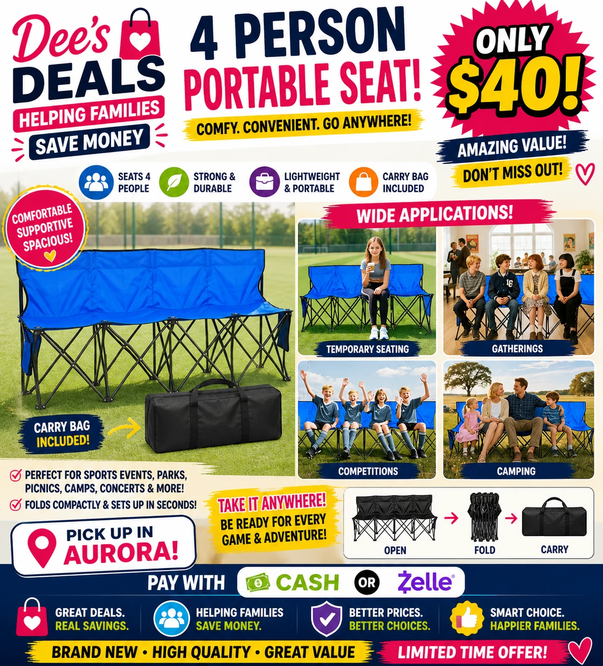 4 Person Portable Folding Seat Bench with Carry Bag