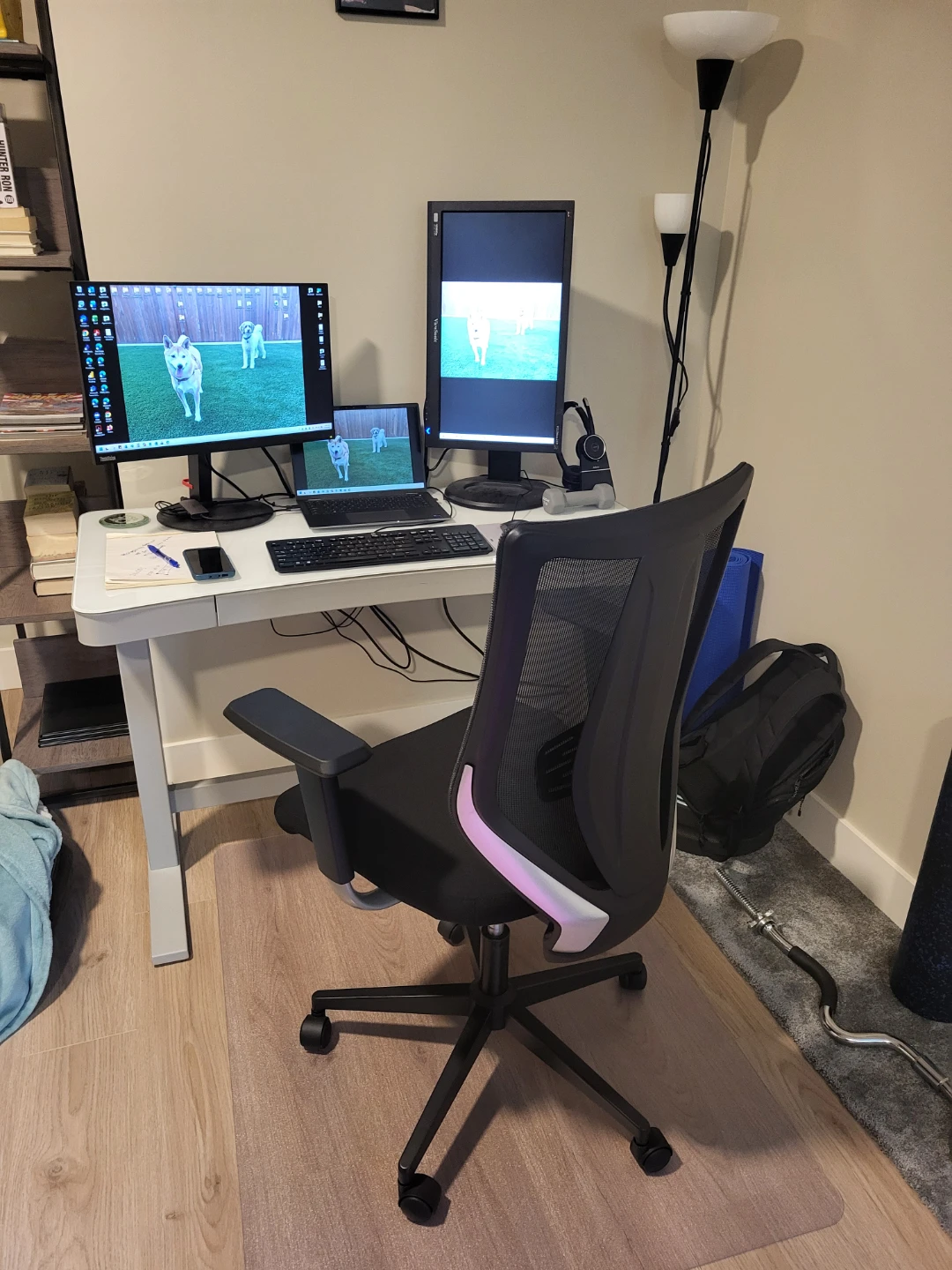 Adjustable computer desk with glasstop and chair