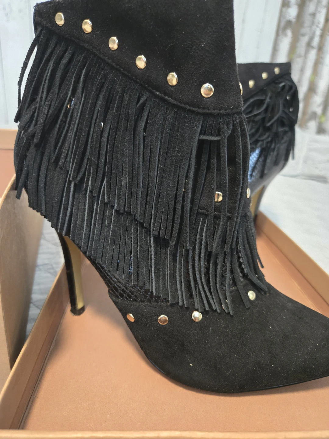 Bebe Black Suede Fringe Studded Ankle Boots