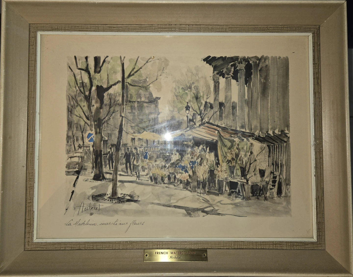 Framed Painting by Herbelet - "La Madeleine, marché aux fleurs"