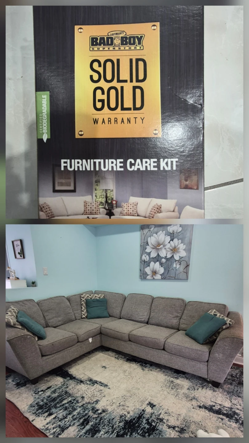 Grey Sectional Sofa with Pillows and furniture care kit
