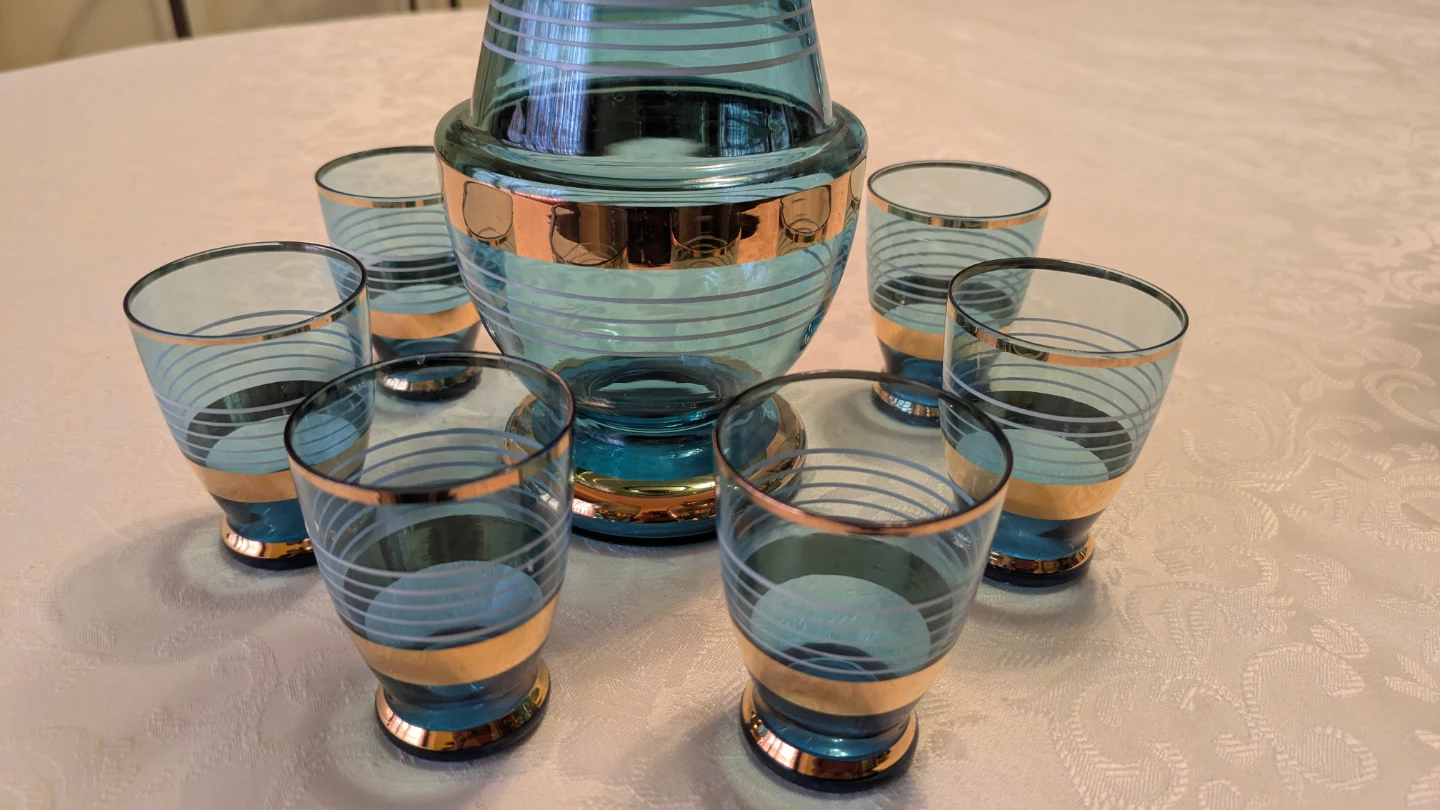 Vintage Teal Glass Decanter and 6 Shot Glasses with Gold Bands - photo 2