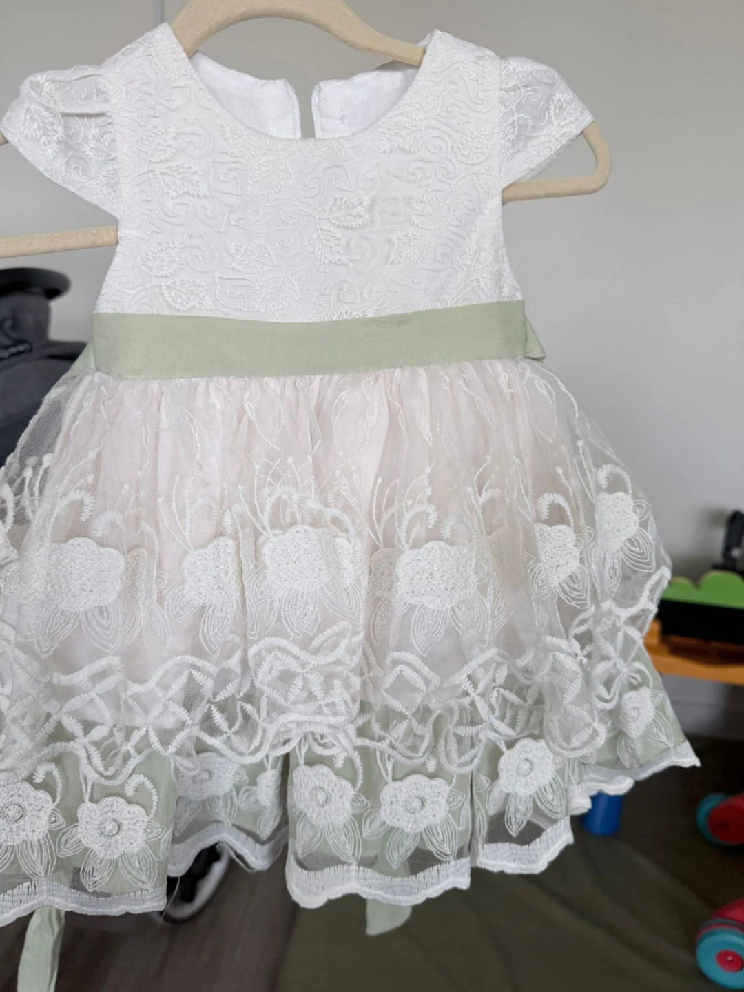 Baby Girl White Lace Dress with Sage Green Sash