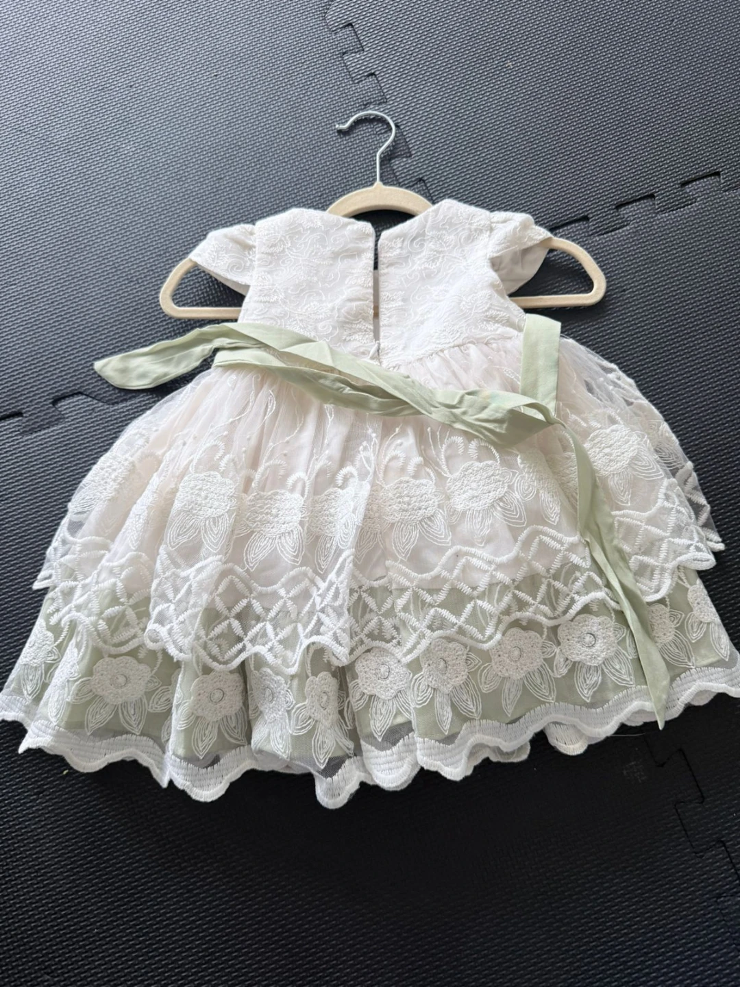 Baby Girl White Lace Dress with Sage Green Sash - photo 2