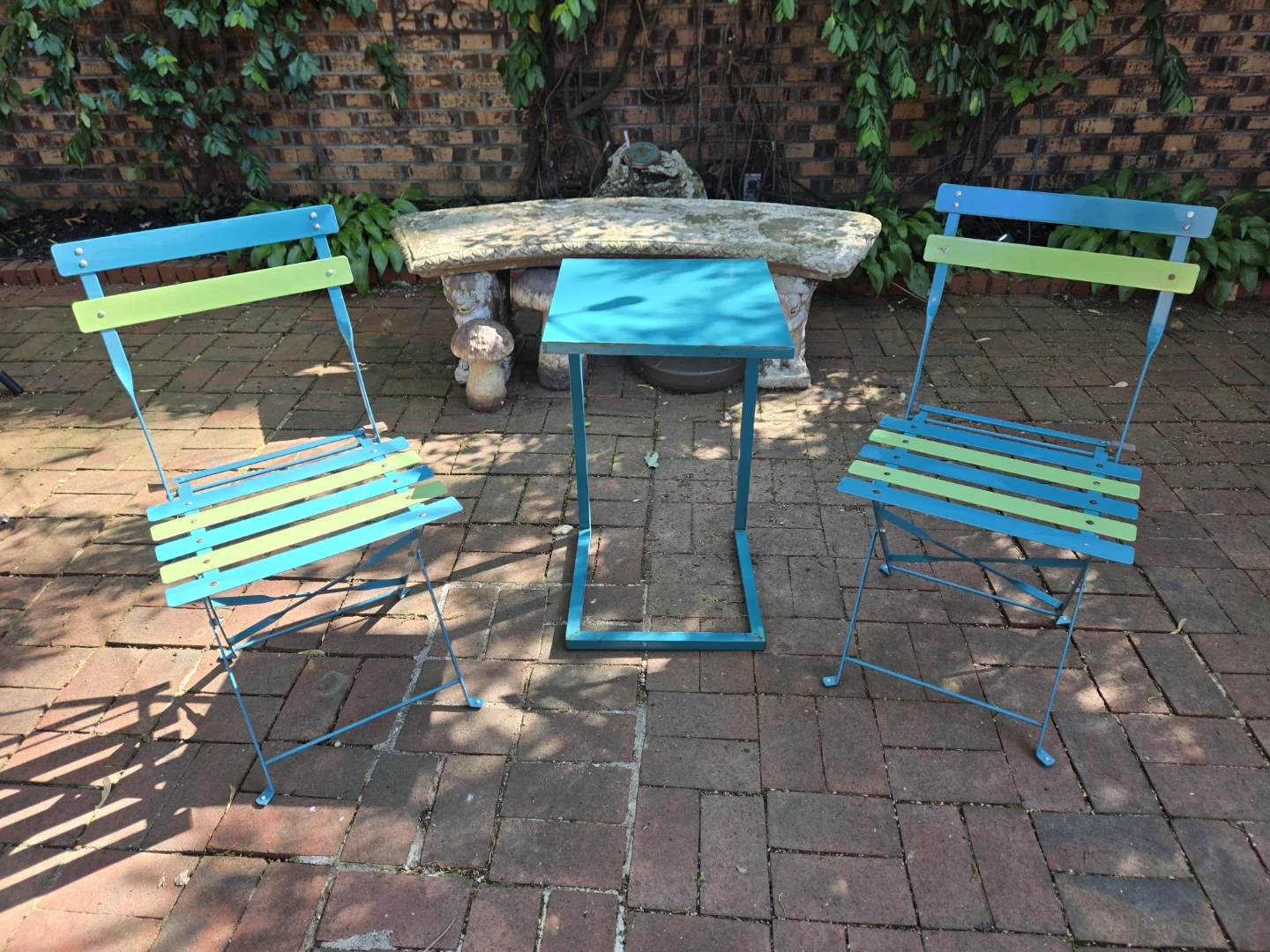 Blue and Green Metal Bistro Chairs + Table (Set of 3)