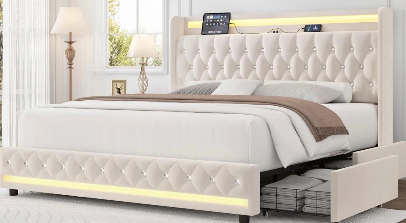 Upholstered Queen Bed Frame with LED Headboard and Storage