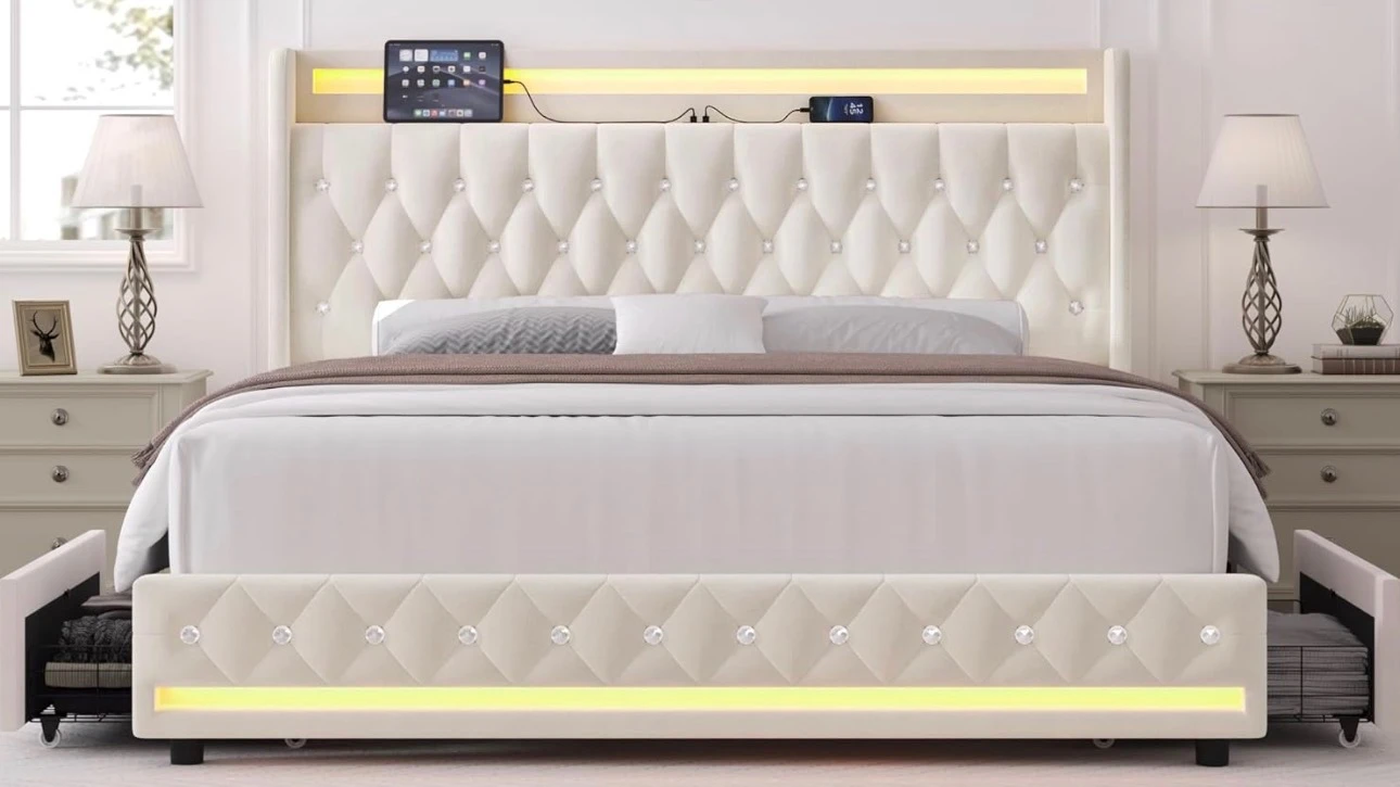 Upholstered Queen Bed Frame with LED Headboard and Storage - photo 2