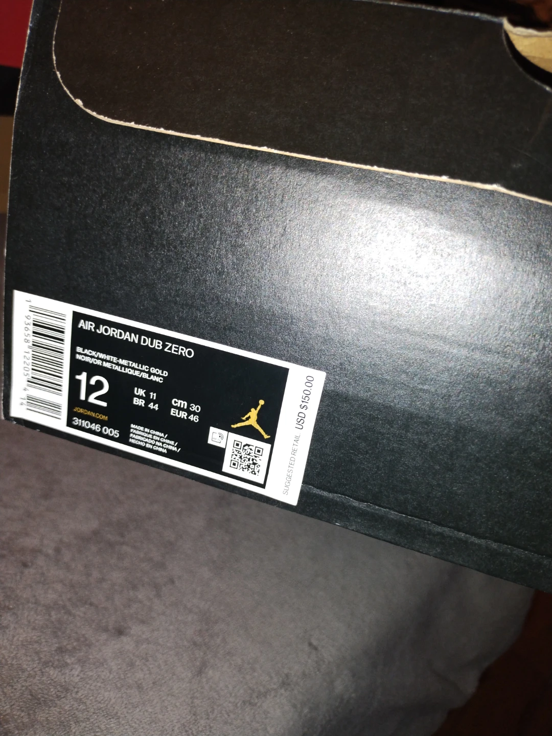 Air Jordan Dub Zero "Black/White-Metallic Gold" Size 12