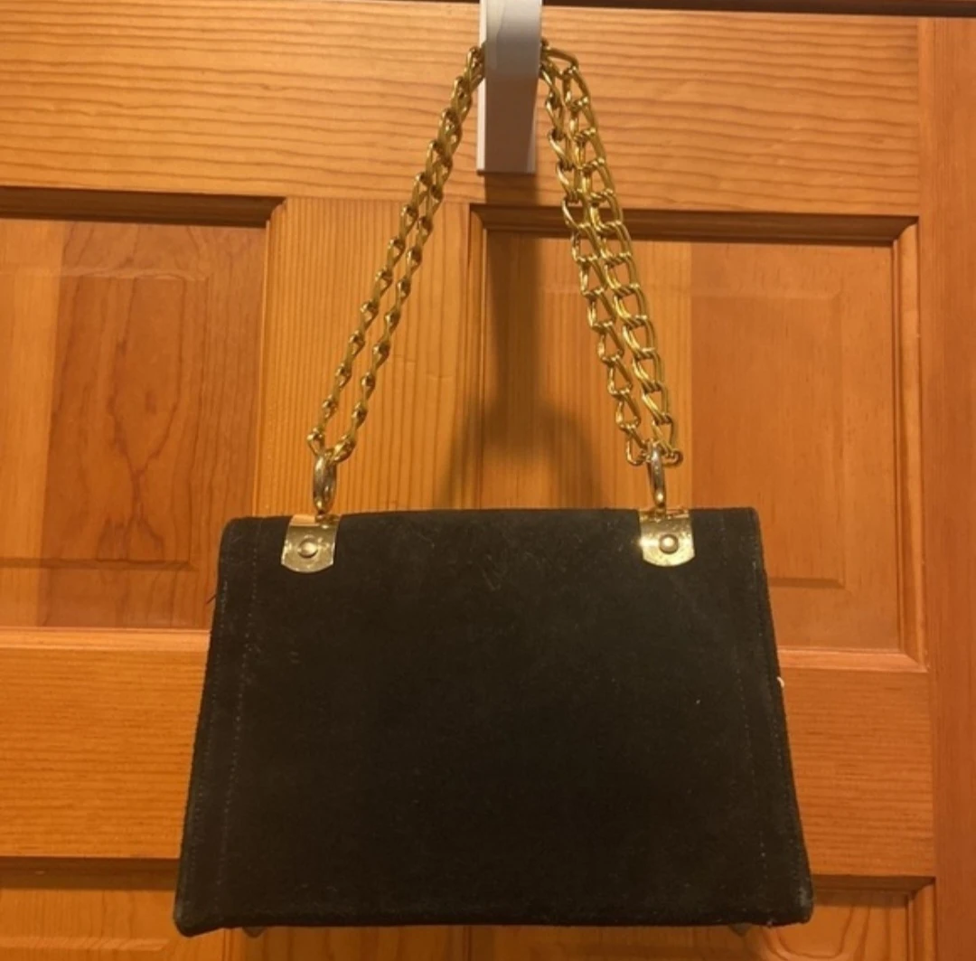 Vintage Classic Black Suede Mini Shoulder Bag with Gold Chain - photo 2