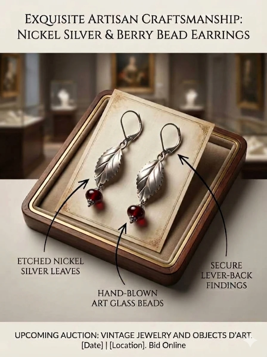 Nickel Silver Leaf & Red Bead Dangle Earrings