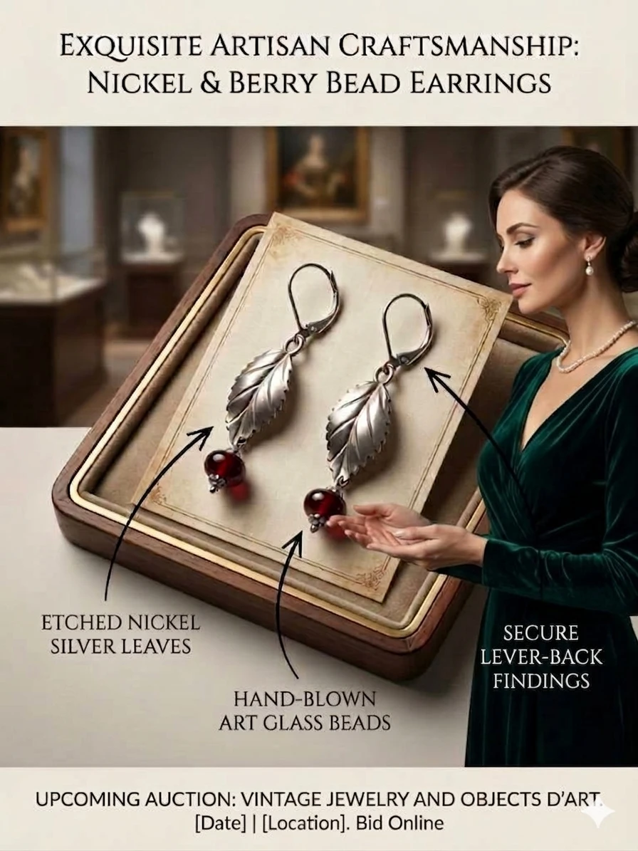Nickel Silver Leaf & Red Bead Dangle Earrings - photo 2