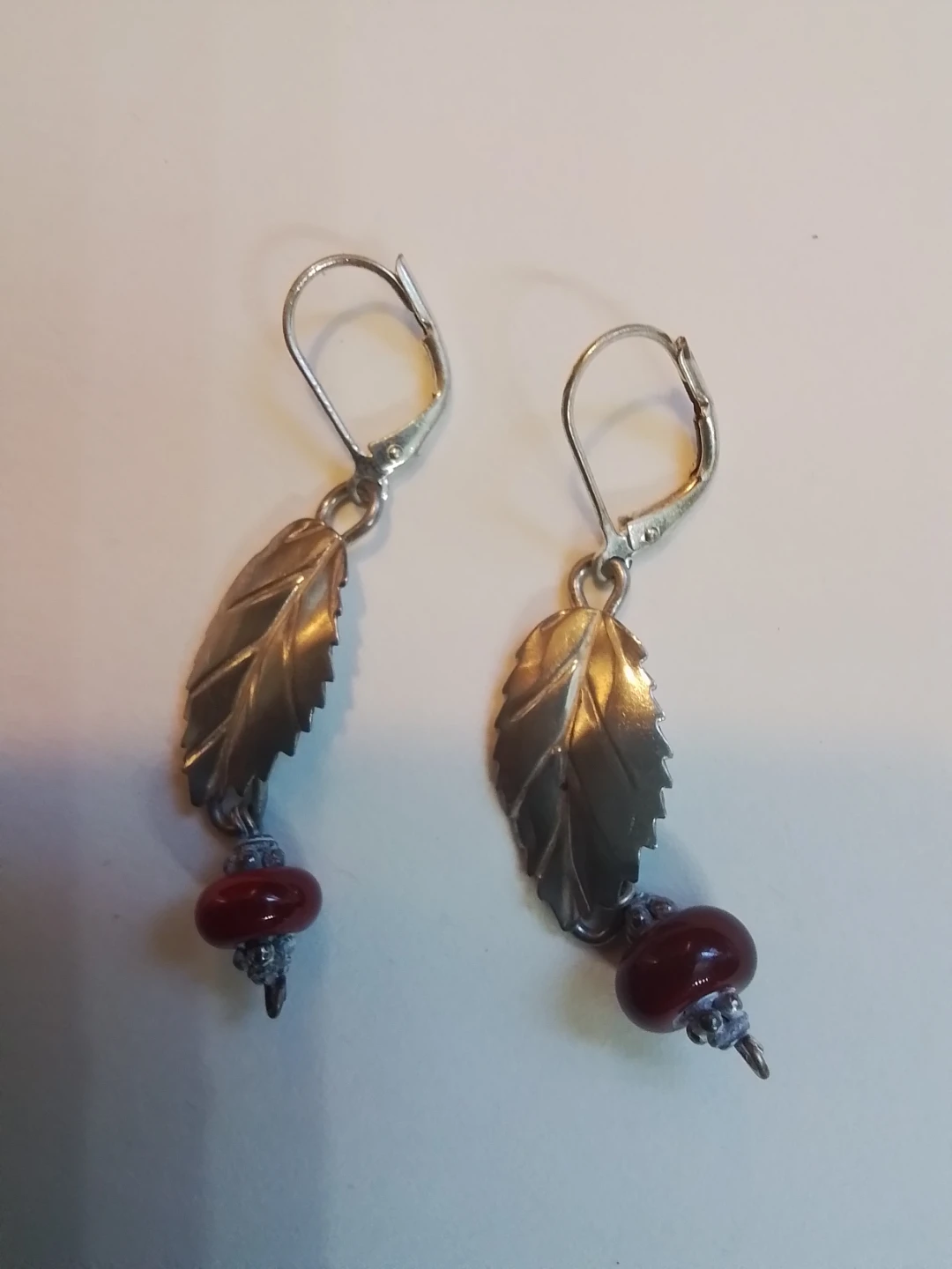 Nickel Silver Leaf & Red Bead Dangle Earrings - photo 3