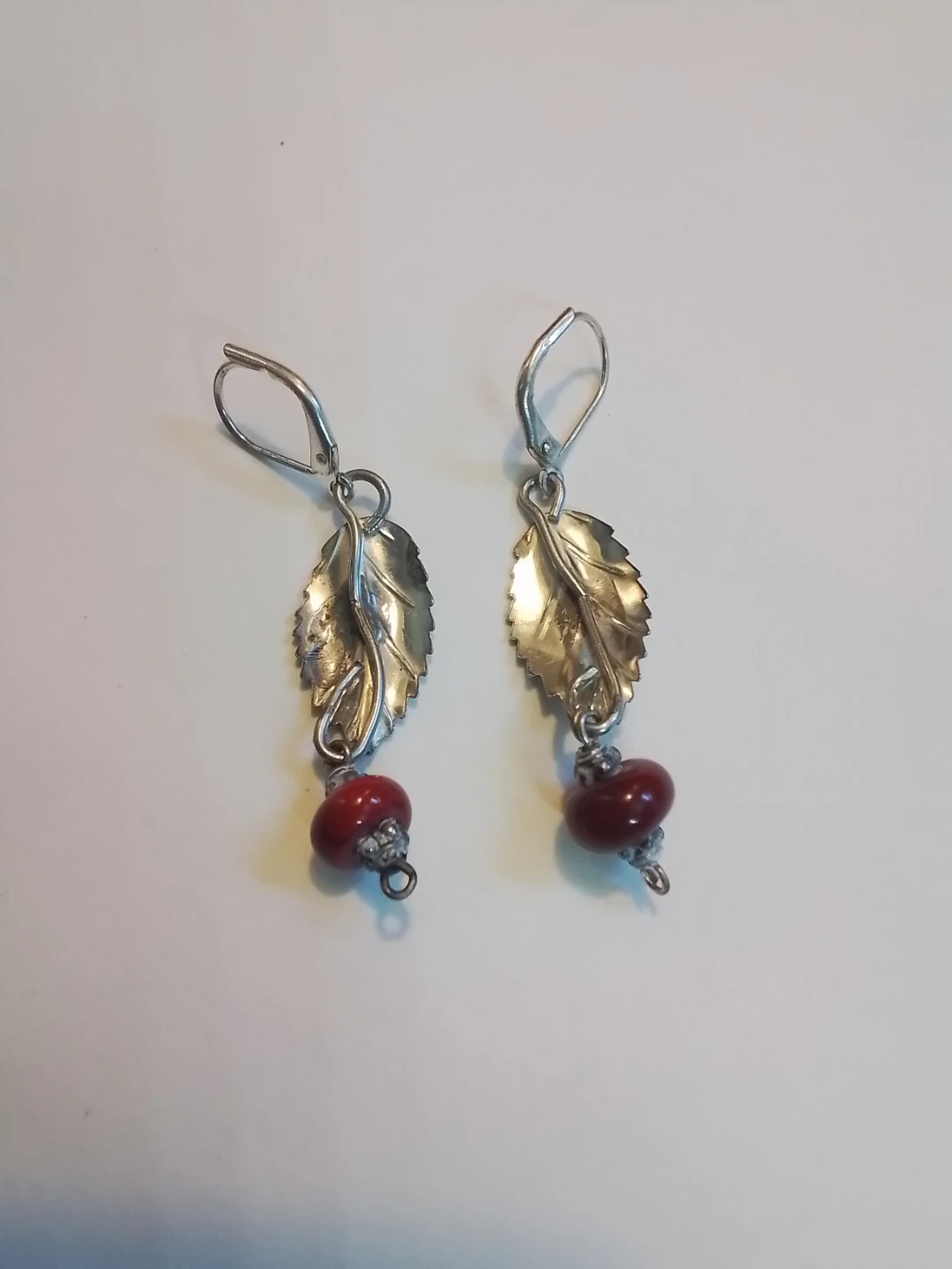 Nickel Silver Leaf & Red Bead Dangle Earrings - photo 5