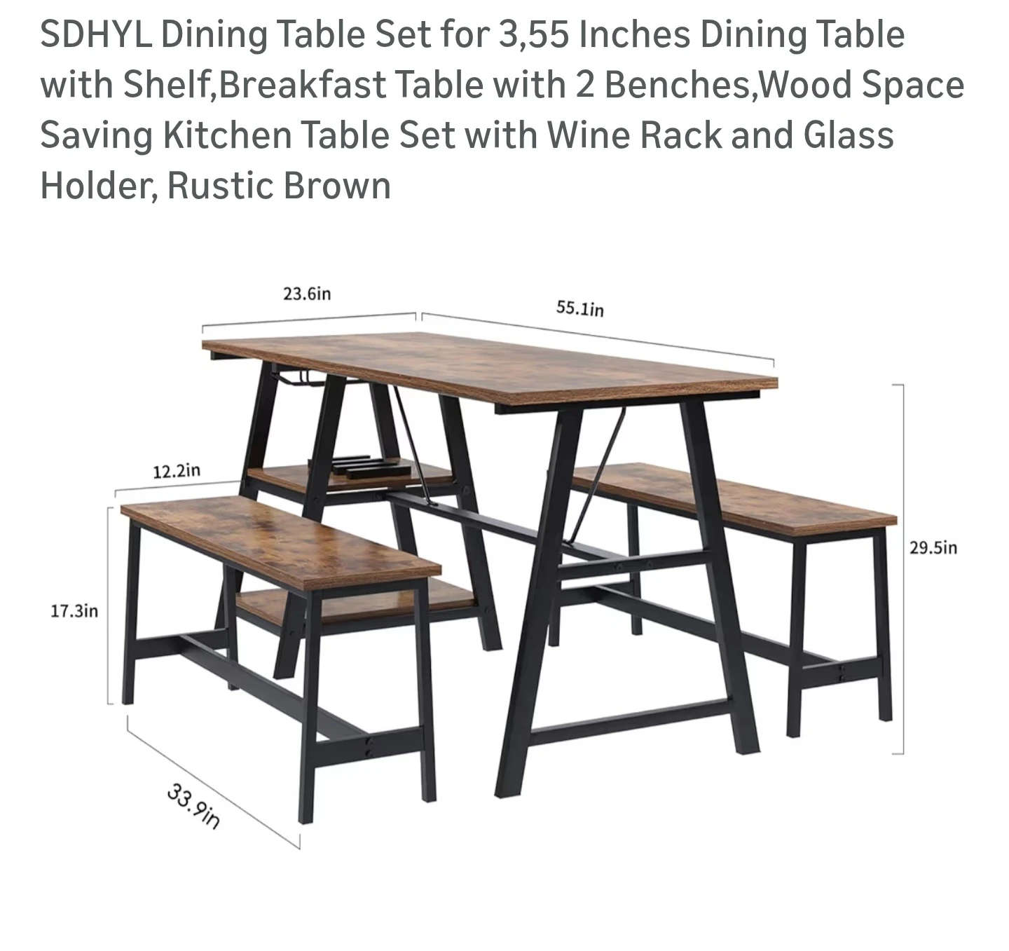 SDHYL Dining Table Set with 2 Benches and Storage - Rustic Brown