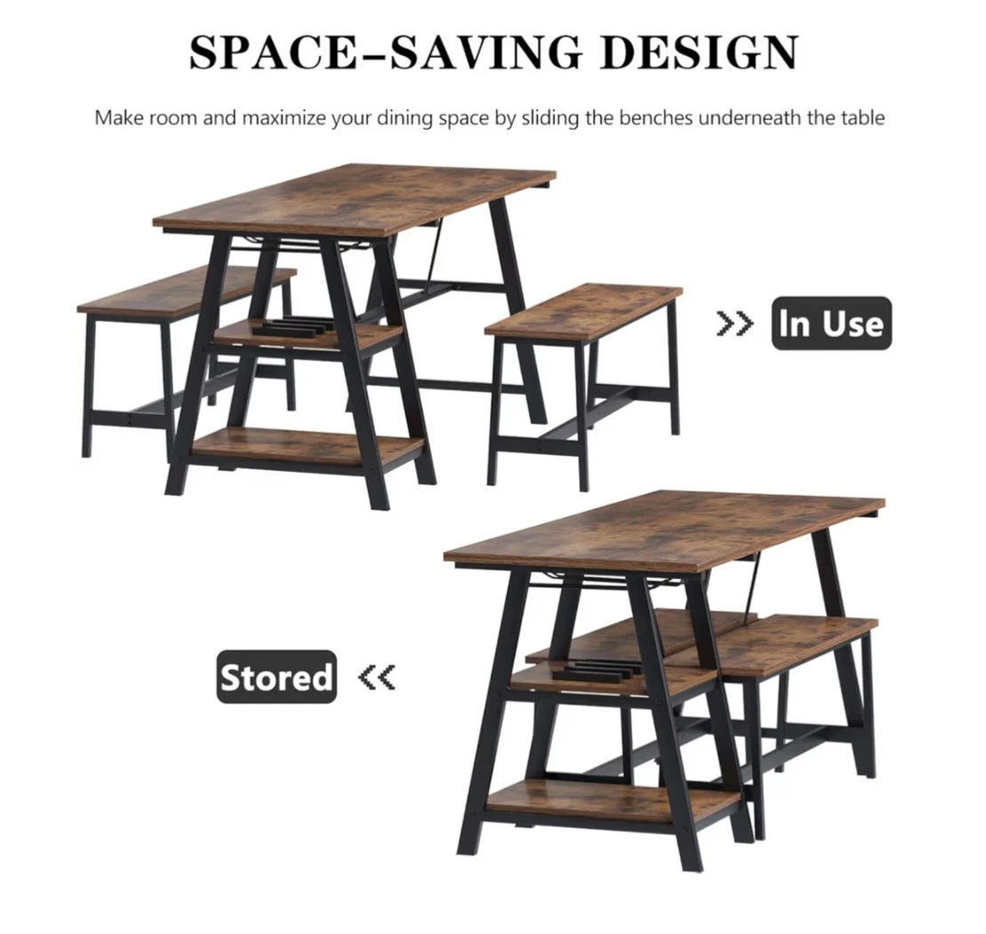 SDHYL Dining Table Set with 2 Benches and Storage - Rustic Brown - photo 3