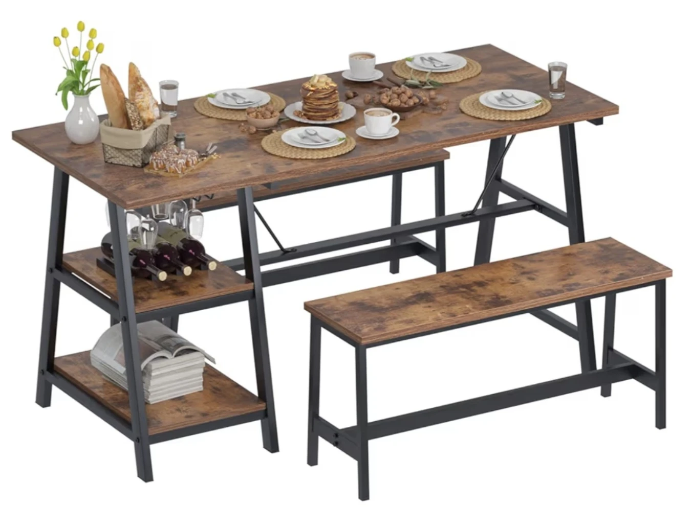 SDHYL Dining Table Set with 2 Benches and Storage - Rustic Brown - photo 4