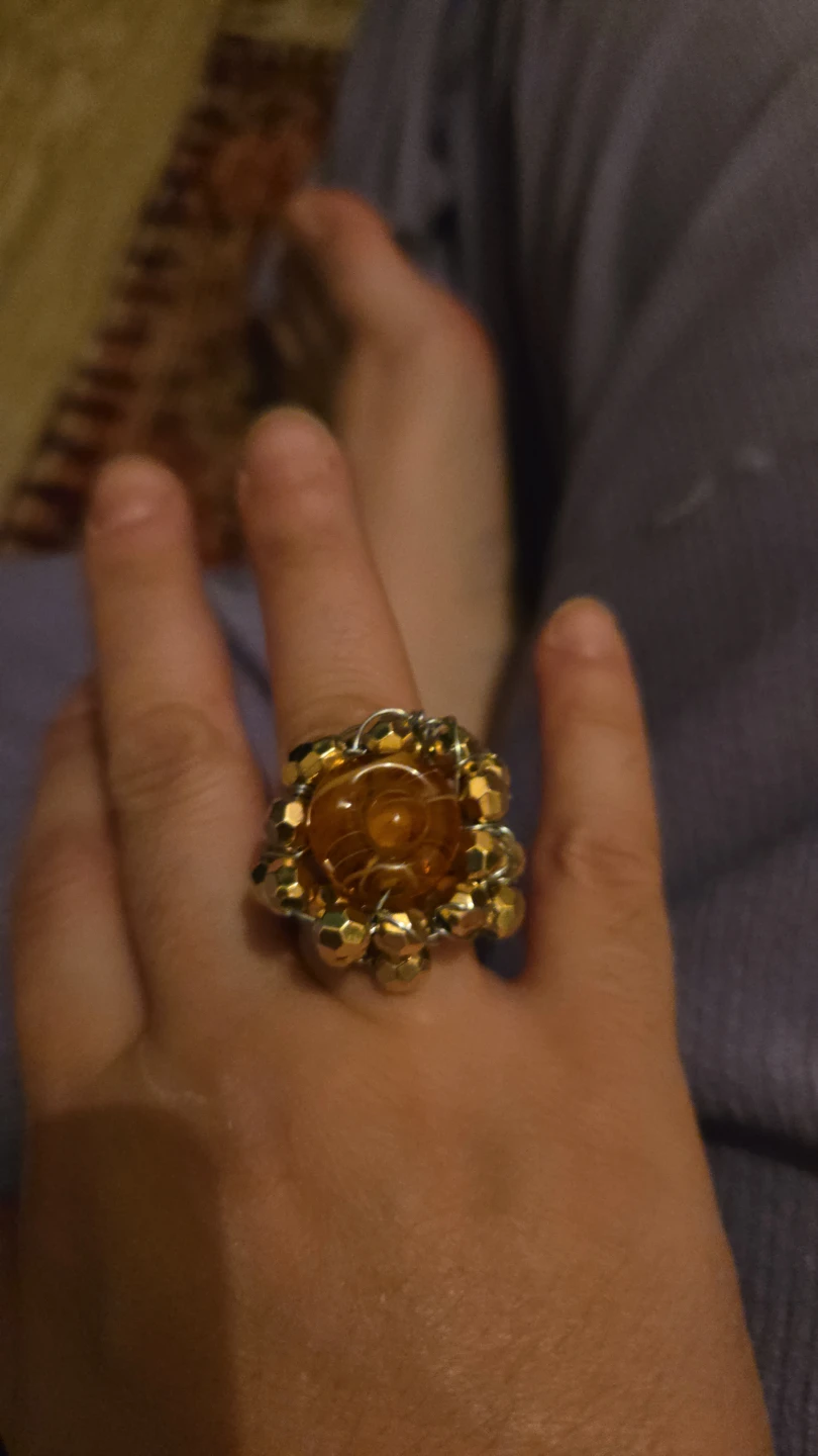 Gold orange color beaded handmade wire ring