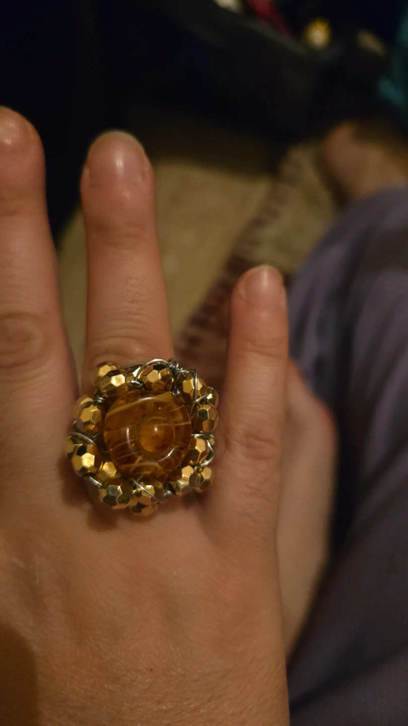 Gold orange color beaded handmade wire ring - photo 2