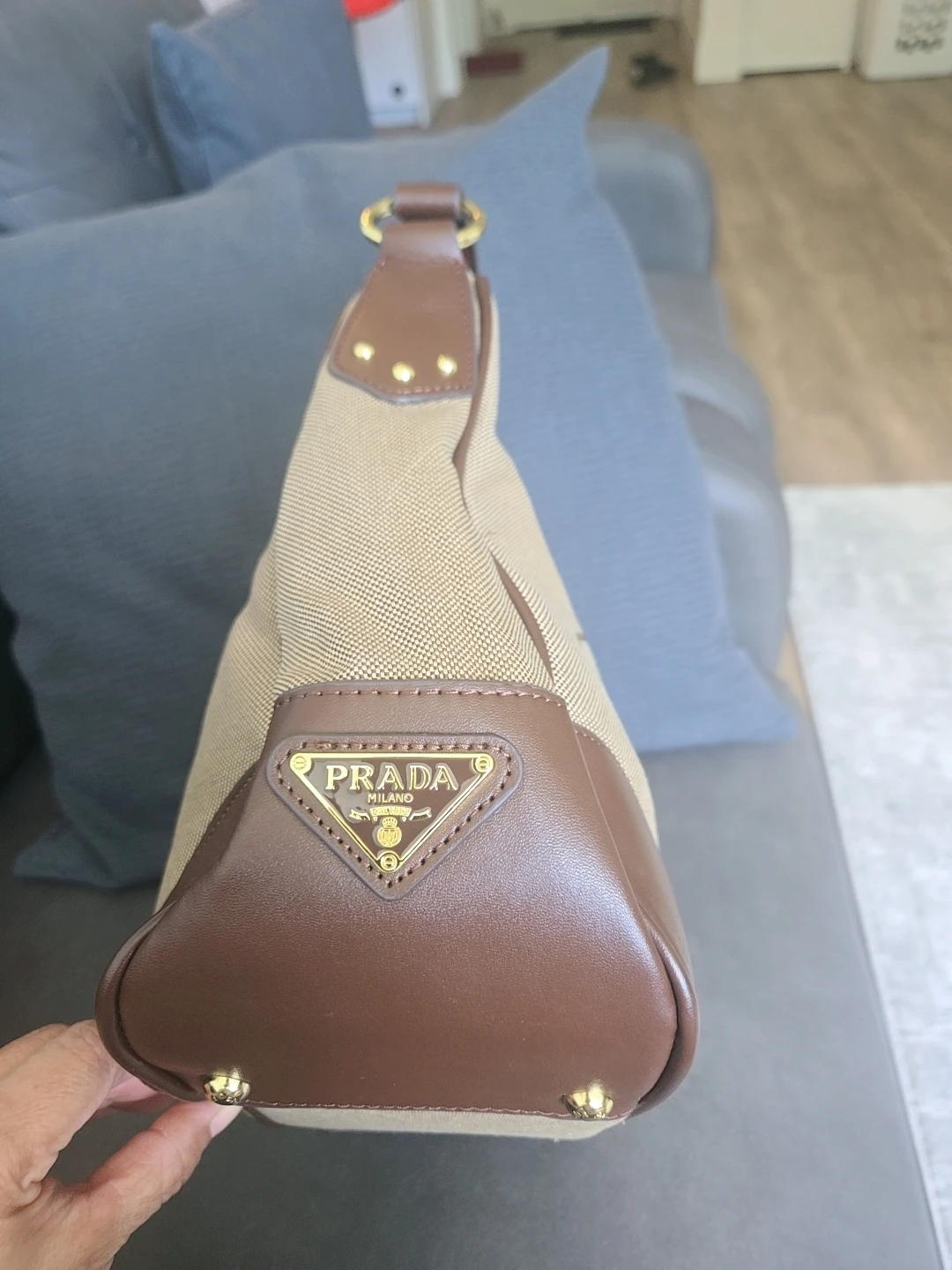 PRADA Hobo Bag - Tan Canvas & Brown Leather