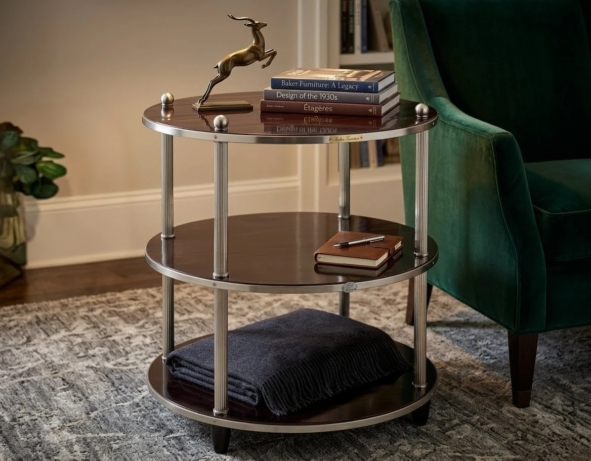 Authentic Baker Furniture 3-Tier Round Mahogany & Nickel Étagère