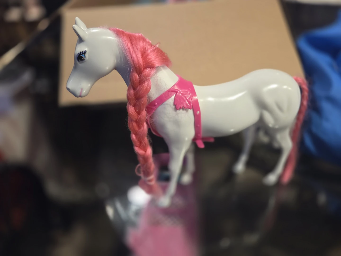 Barbie horse with pink mane and harness