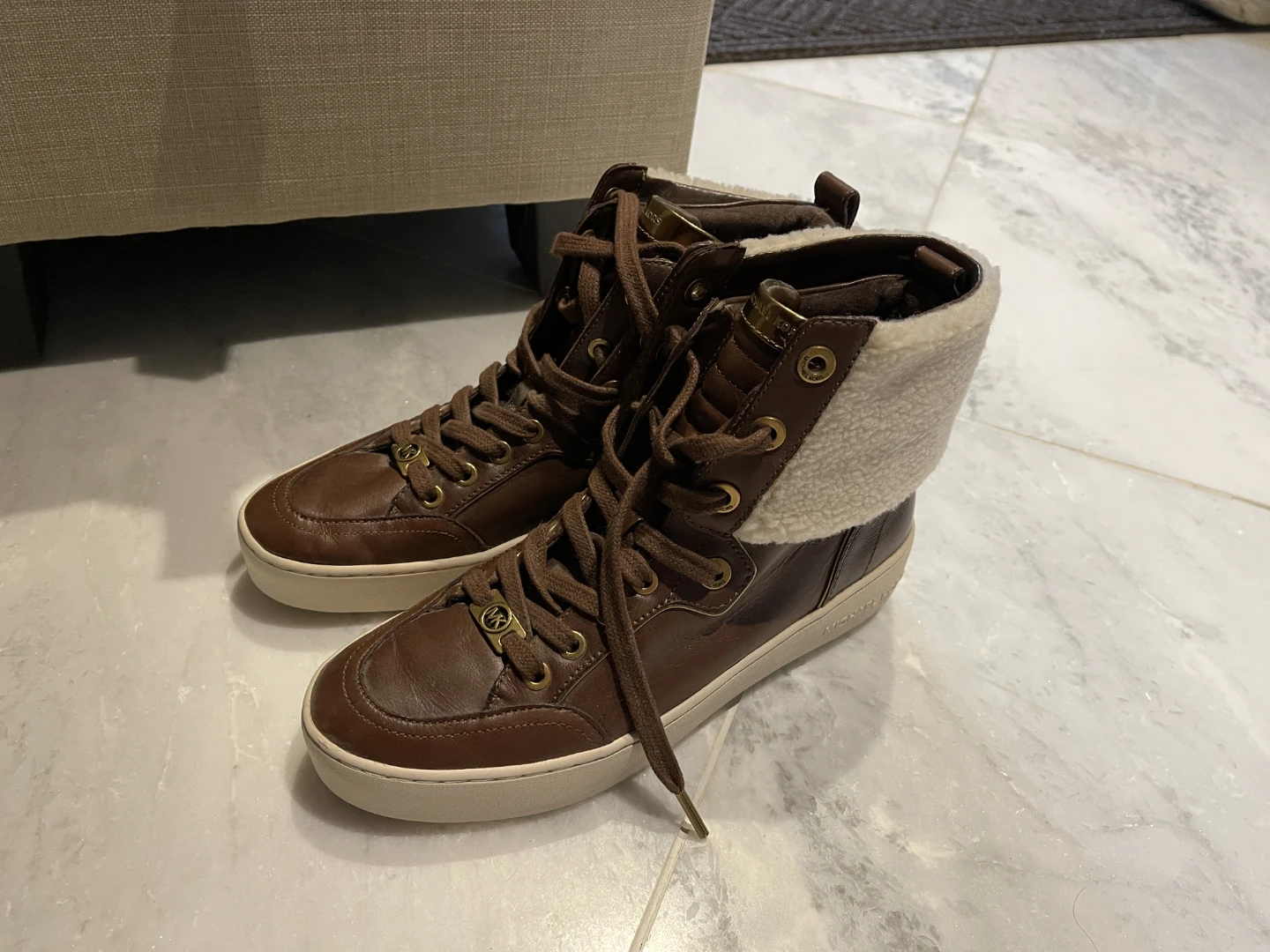 Michael Kors High Top Sneakers Brown Leather Fur Lined