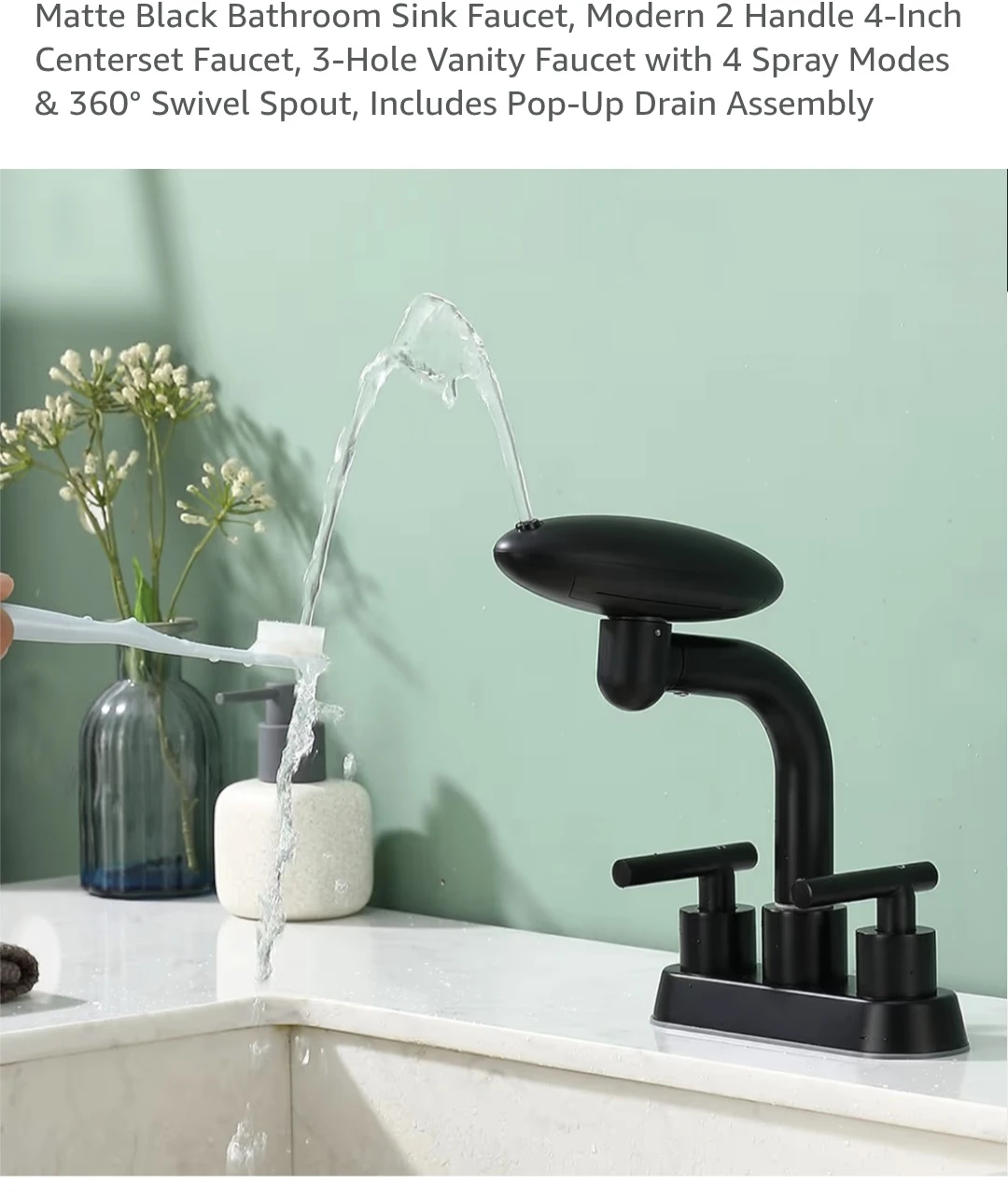 Matte Black Bathroom Sink Faucet - 4 Spray Modes & Pop-Up Drain