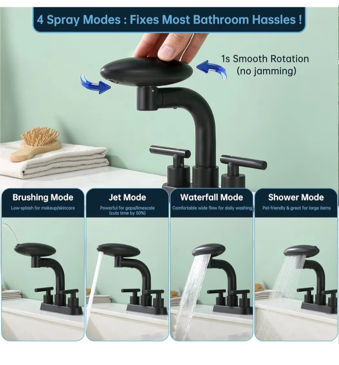 Matte Black Bathroom Sink Faucet - 4 Spray Modes & Pop-Up Drain - photo 3