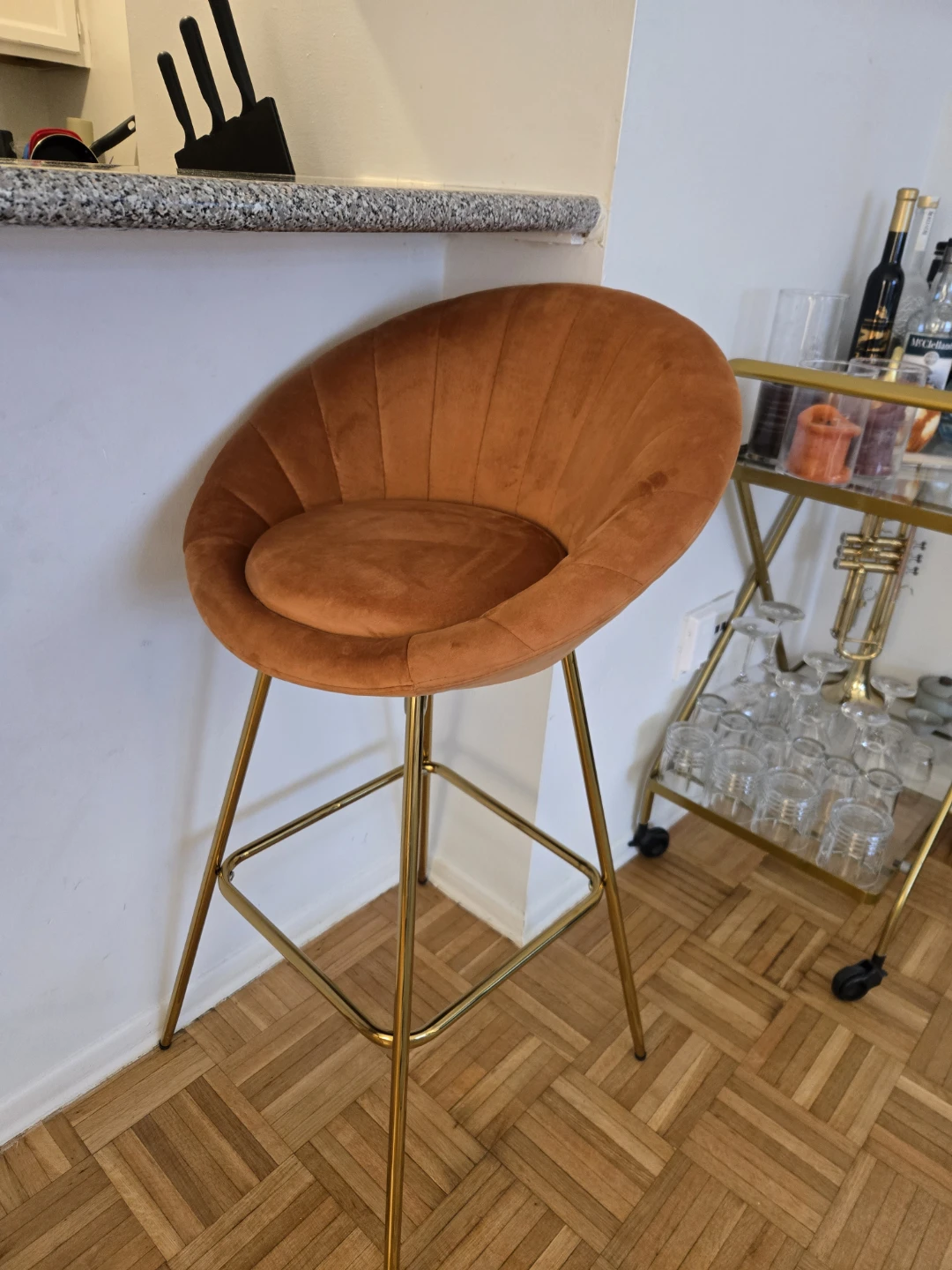 2 Orange Velvet Upholstered Bar Stool with Gold Legs - photo 3