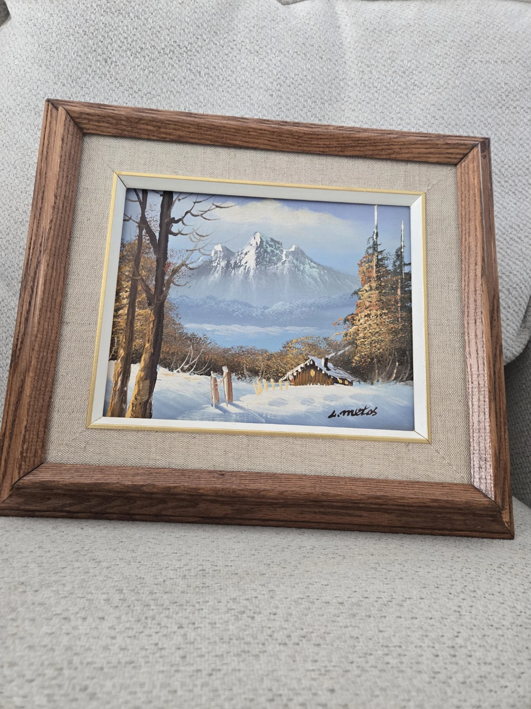 Wood framed oil winter scene